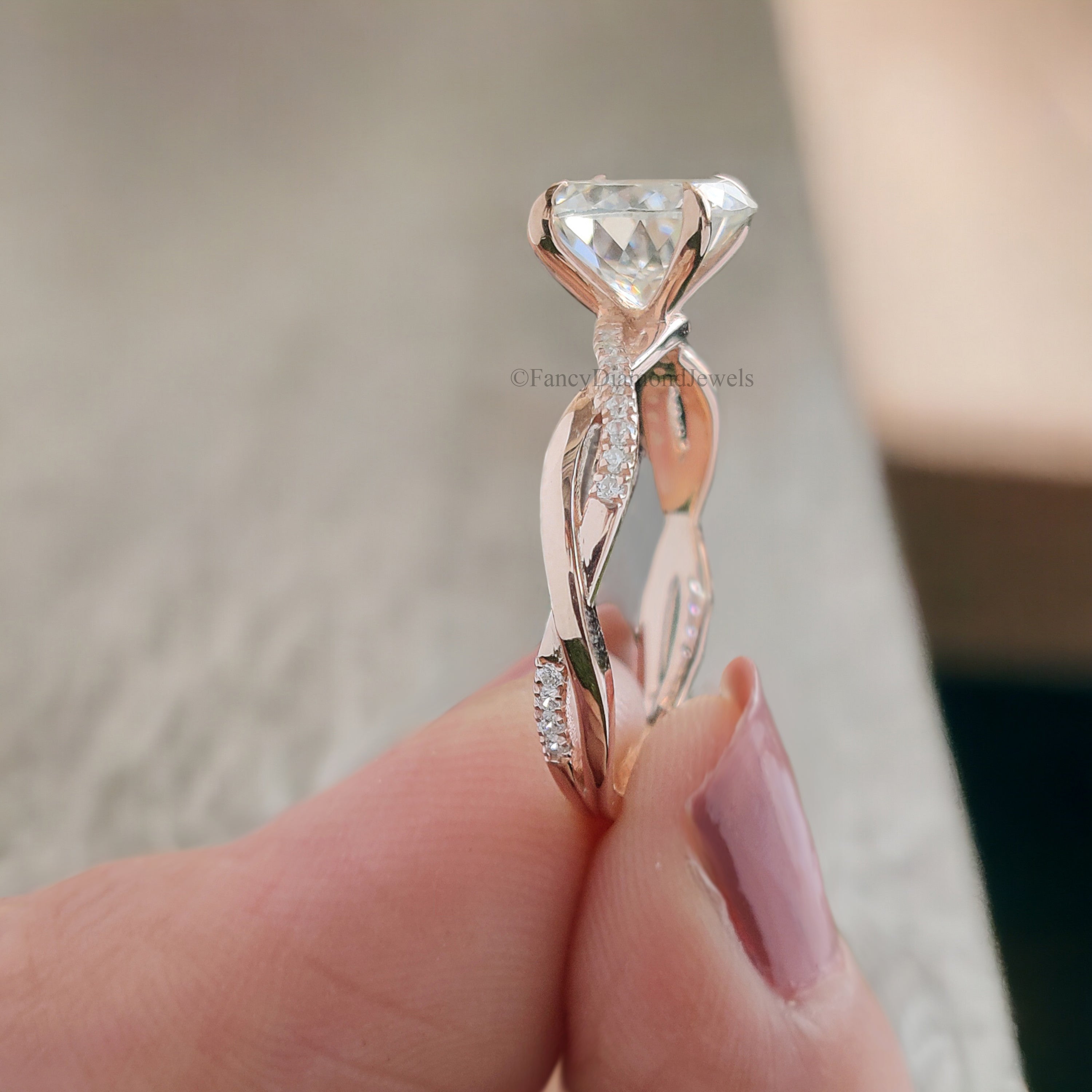 Unique Moissanite Ring 2.15 TW Portuguese Cut Colorless Moissanite Engagement Ring Wedding Ring Twisted Band Claw Prong Ring for Women FD135