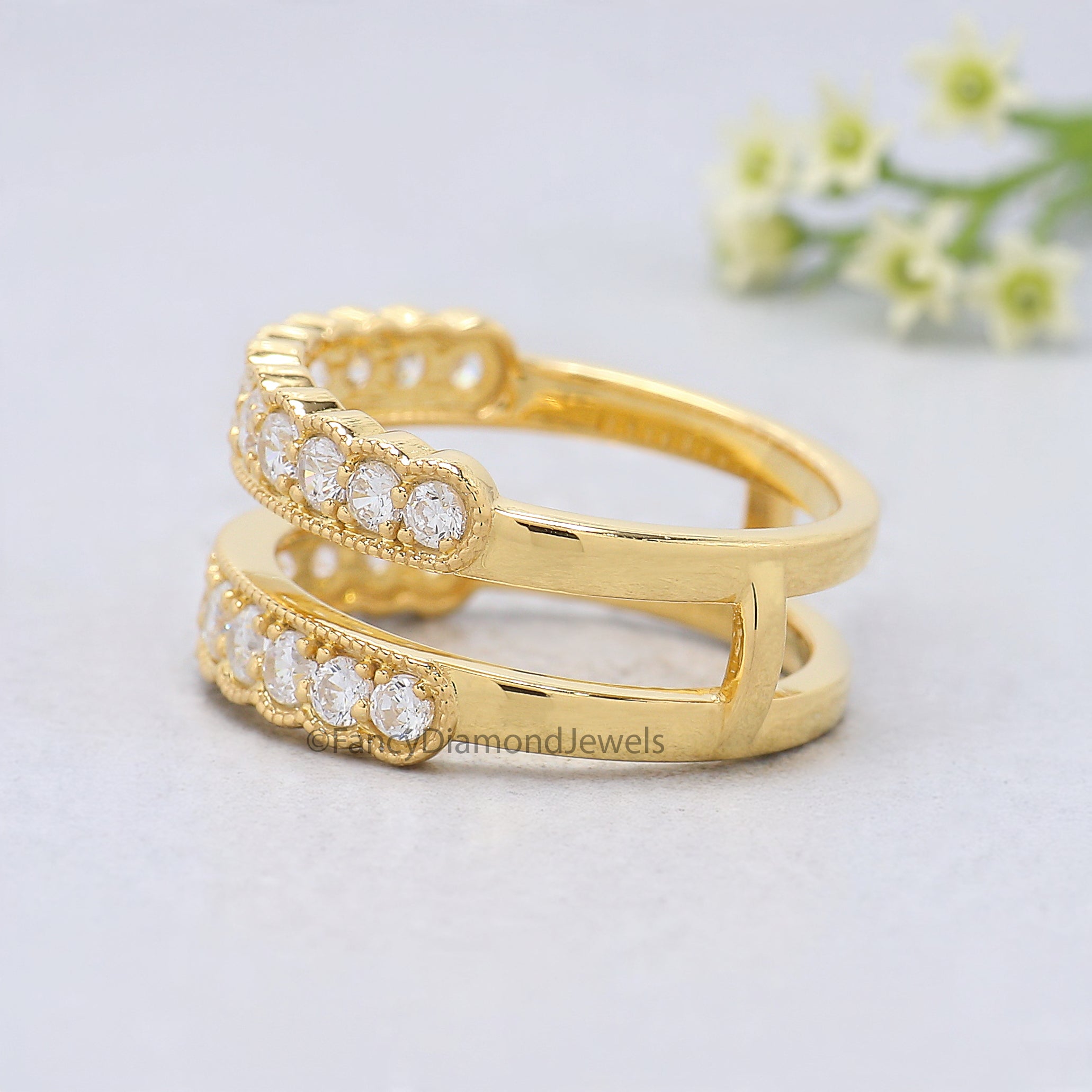 Round Cut Diamond Wedding Band Yellow Gold Unique Half Eternity Wedding Band Vintage Double Stacking Matching Bridal Gift For Her FD527