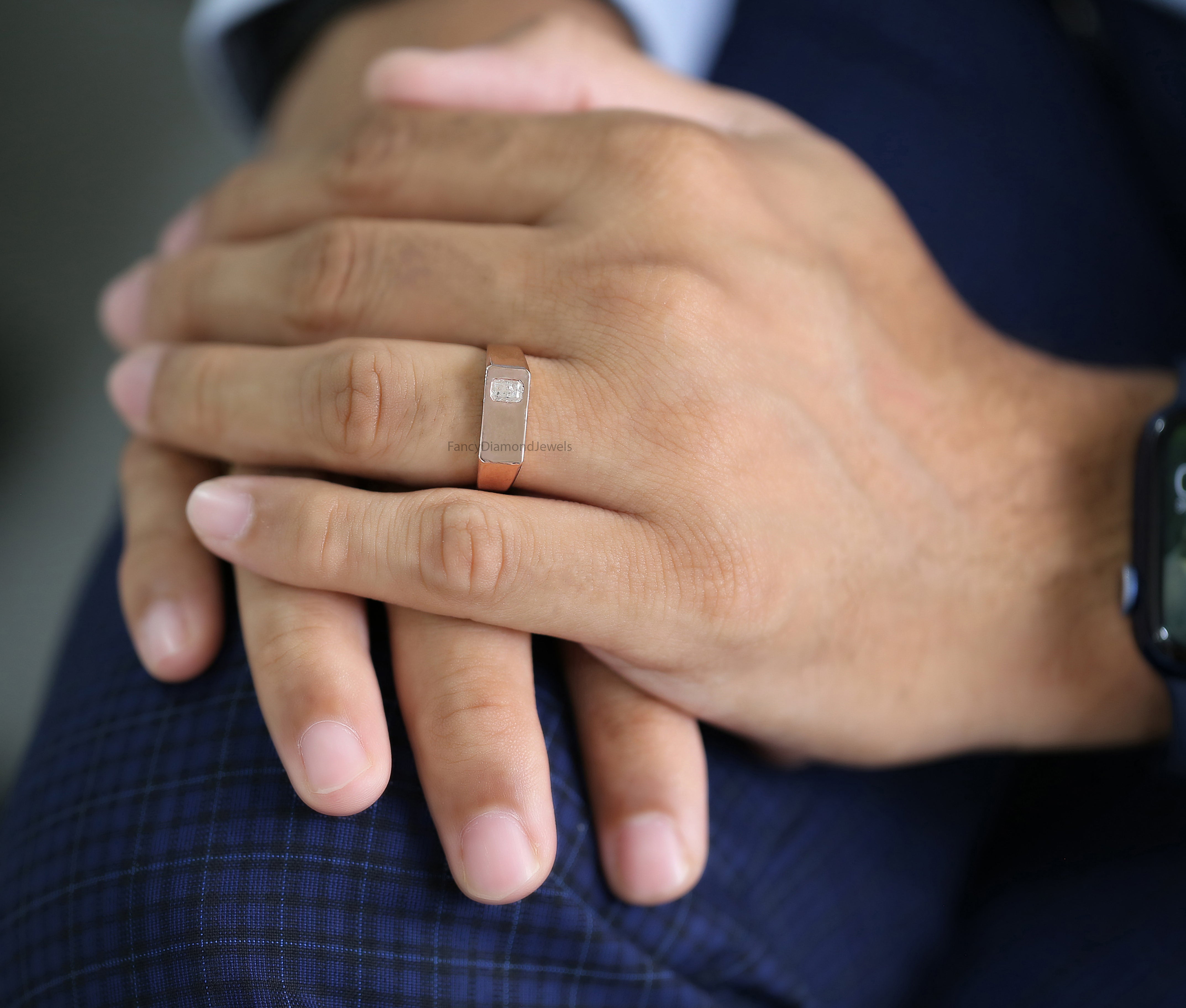 Emerald Diamond Band, Emerald Engagement Band, Grey Color Emerald Diamond Band, Emerald Solitaire Band, Emerald Grey Diamond Band, KDN7497