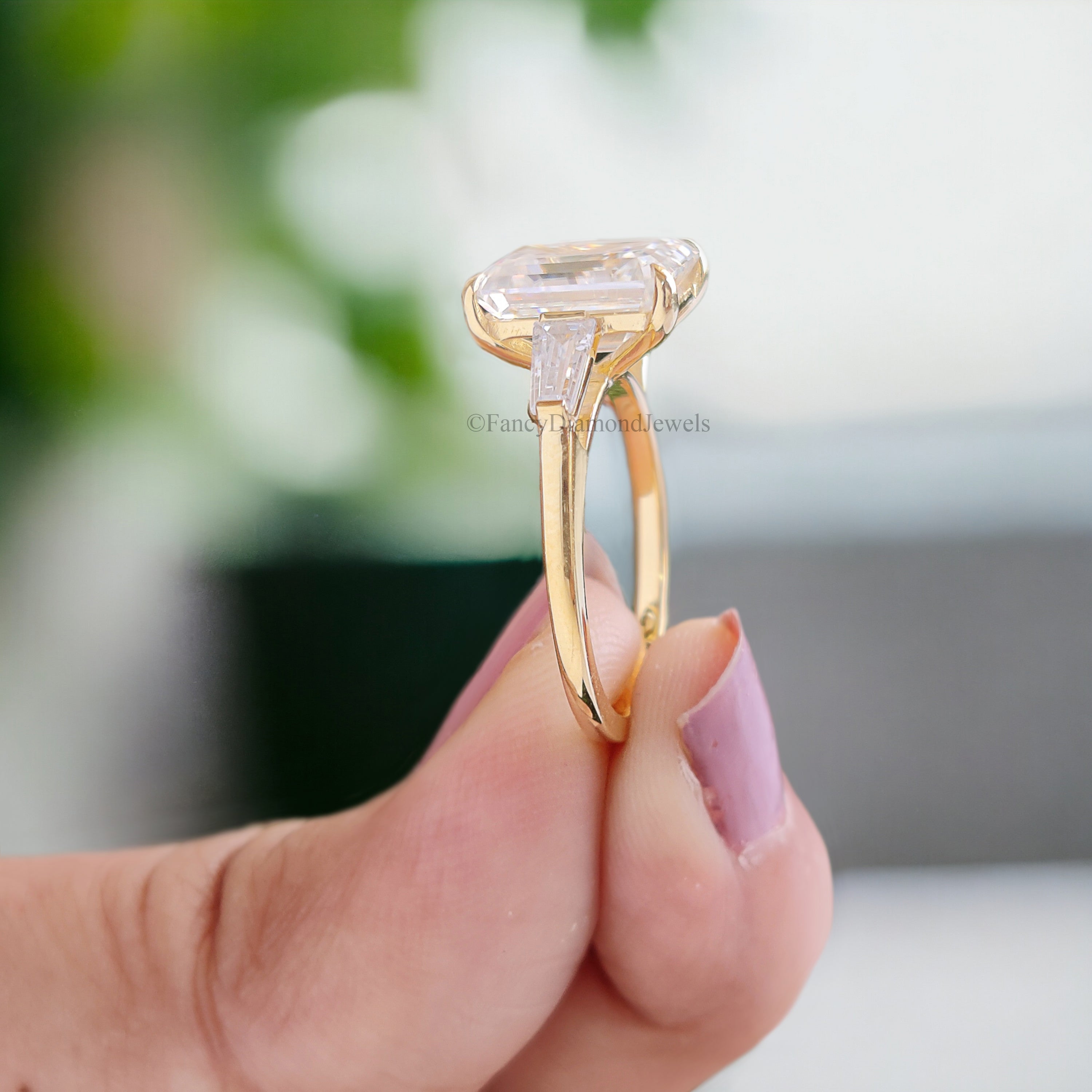 3.45 CT Emerald Cut Colorless Moissanite Ring Three Stone Engagement Ring Side Tapered Baguette Moissanite Claw Prong Anniversary Gift FD137