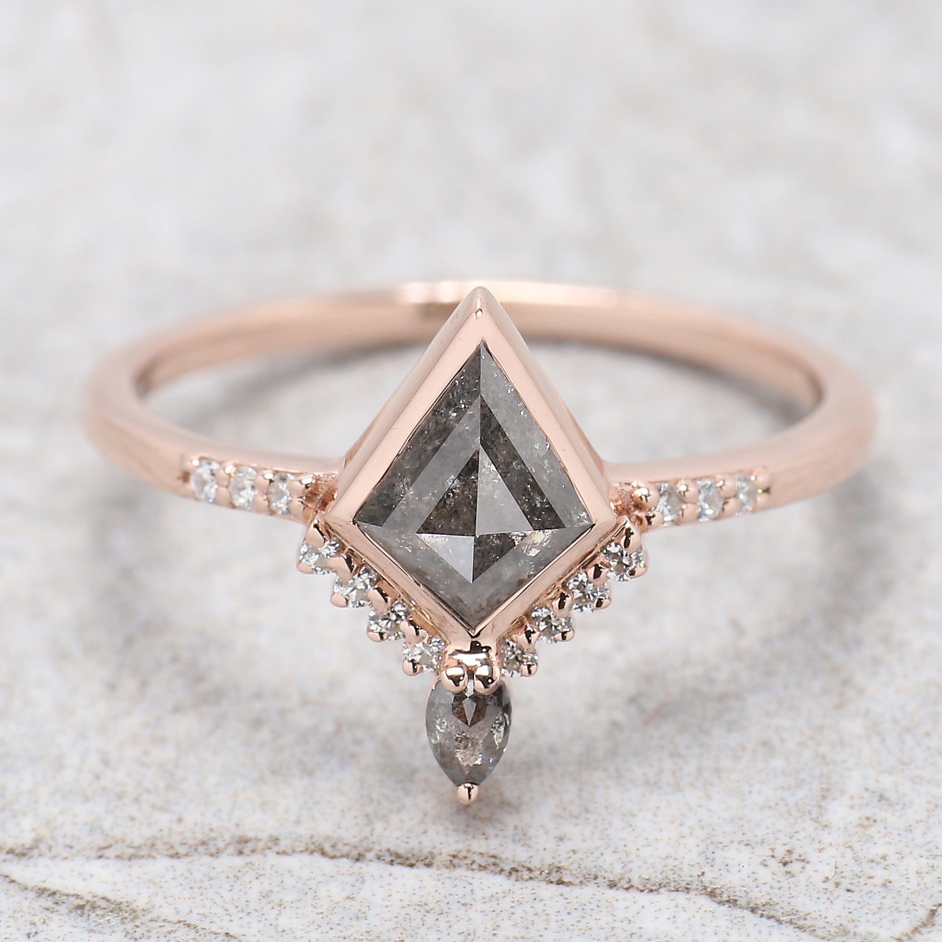 Kite Cut Salt And Pepper Diamond Ring 0.60 Ct 7.20 MM Kite Diamond Ring 14K Solid Rose Gold Silver Kite Engagement Ring Gift For Her QN2095