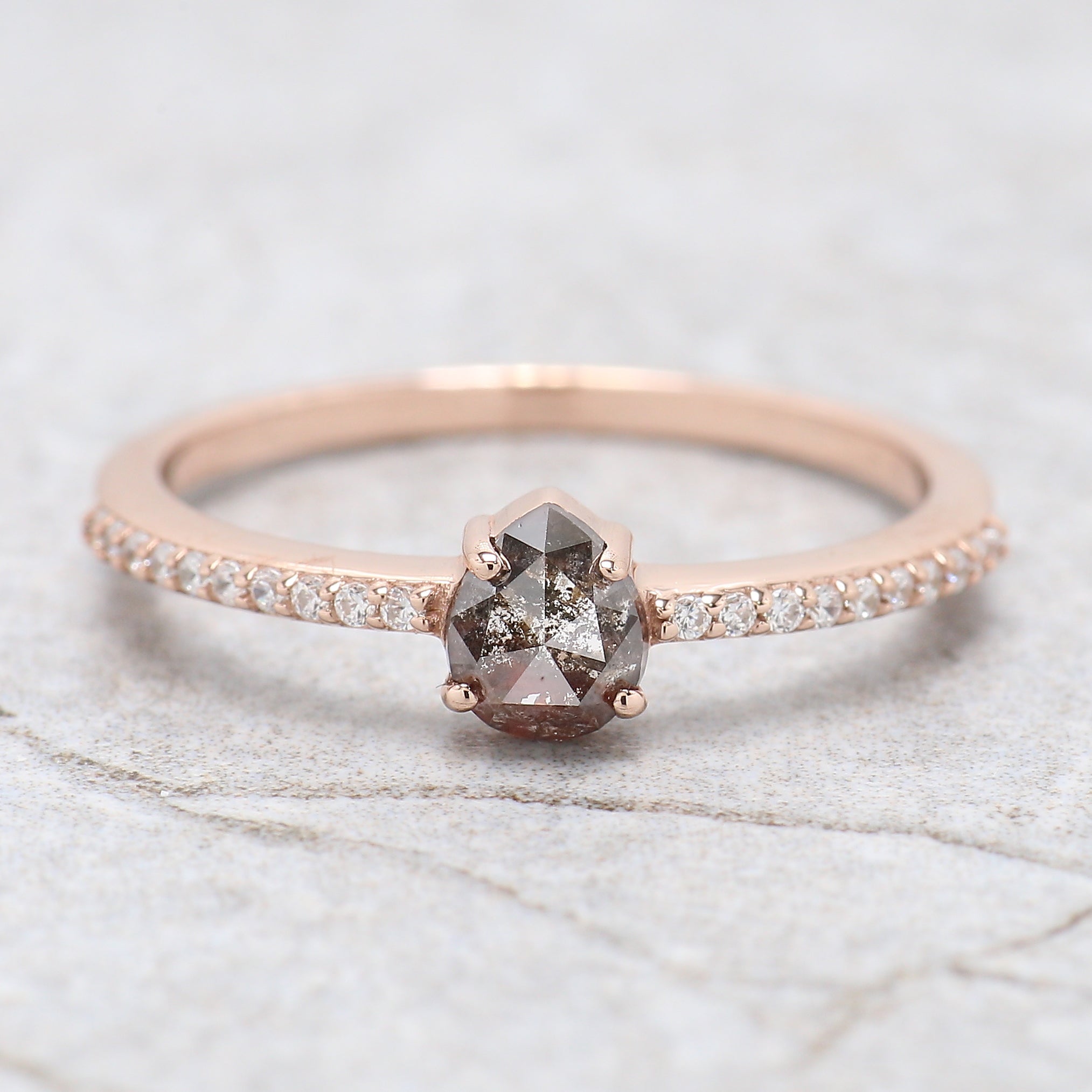 Pear Cut Salt And Pepper Diamond Ring 0.44 Ct 5.40 MM Pear Diamond Ring 14K Solid Rose Gold Silver Engagement Pear Ring Gift For Her KD1113