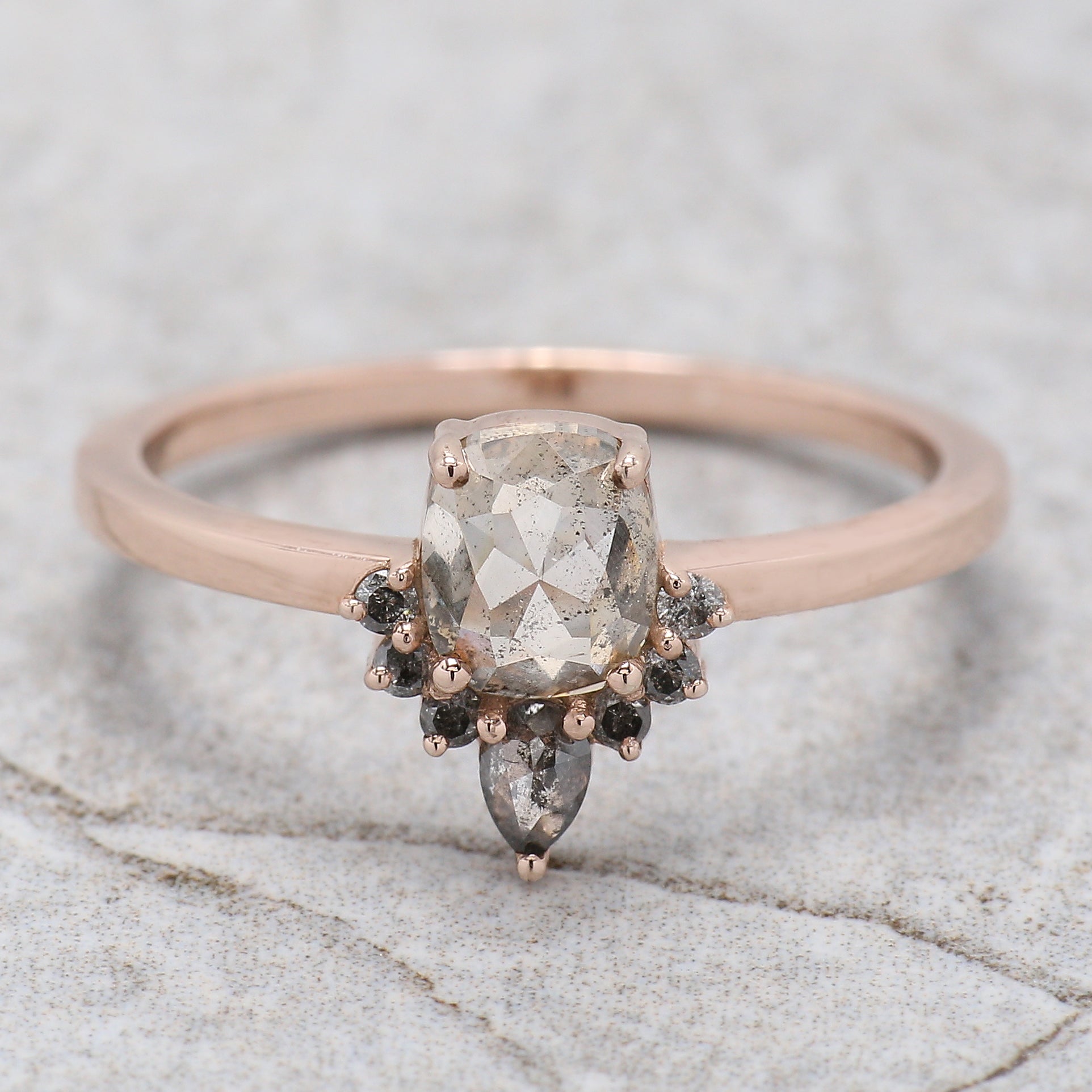 Cushion Cut Salt And Pepper Diamond Ring 0.81 Ct 5.62 MM Cushion Diamond Ring 14K Solid Rose Gold Silver Engagement Ring Gift For Her QL9308