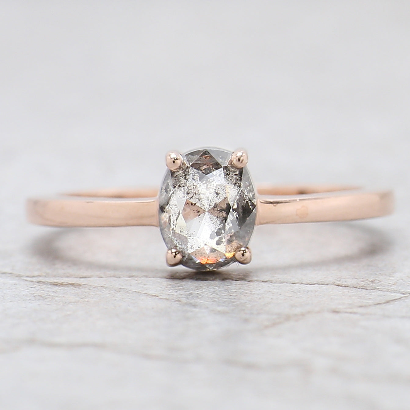 Oval Cut Salt And Pepper Diamond Ring 1.00 Ct 6.55 MM Oval Diamond Ring 14K Solid Rose Gold Silver Oval Engagement Ring Gift For Her QL761