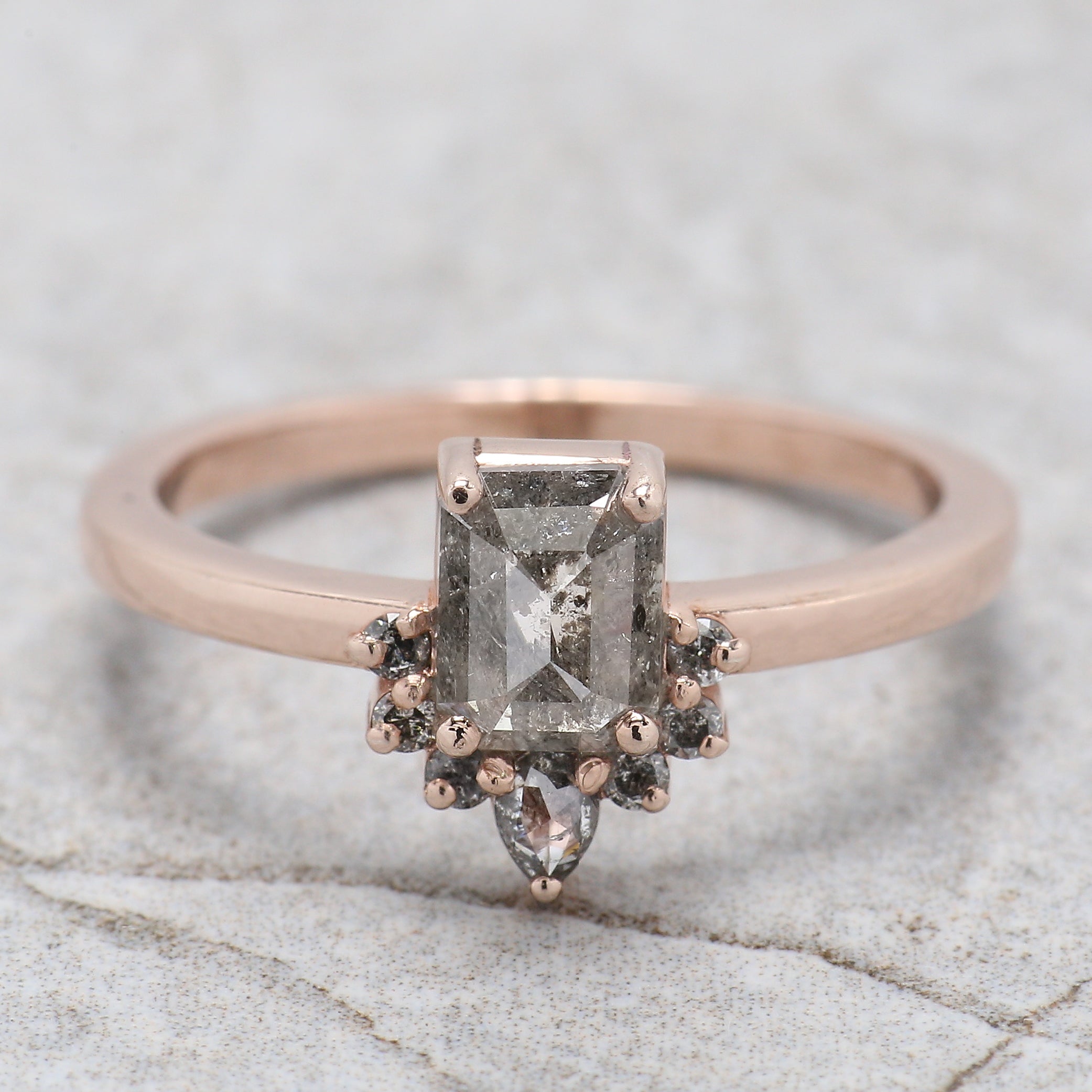 Emerald Salt And Pepper Diamond Ring 0.89 Ct 6.00 MM Emerald Diamond Ring 14K Solid Rose Gold Silver Engagement Ring Gift For Her QL020