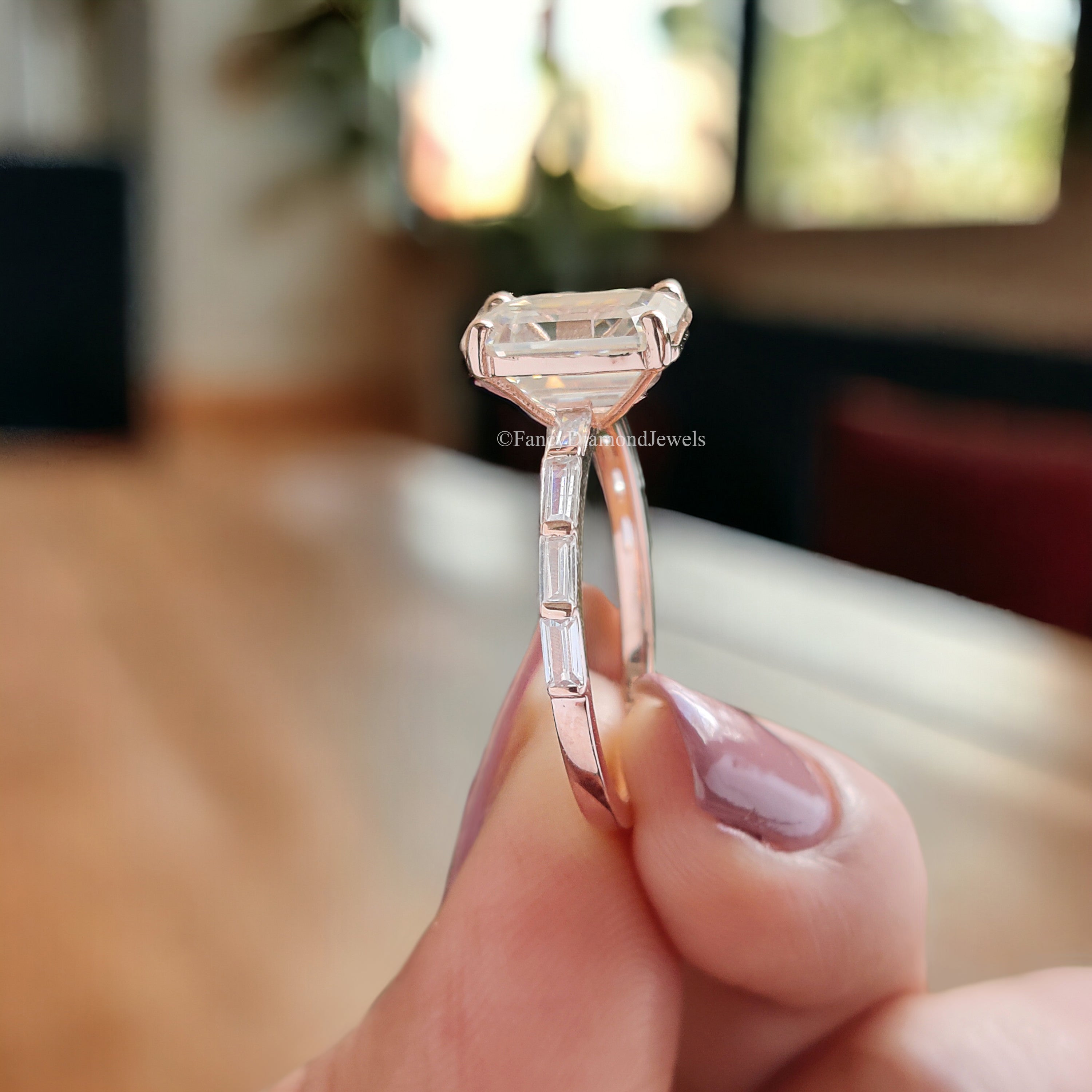 2.45 CT Emerald Cut Colorless Moissanite Engagement Ring Side Baguette Moissanite Wedding Ring Anniversary Gift For Her Handmade Ring FD149