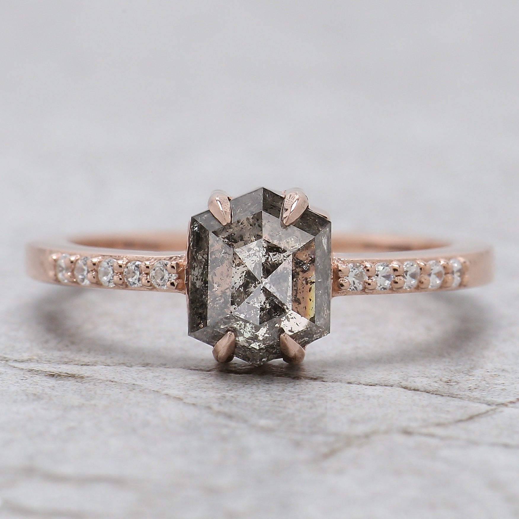 Hexagon Salt And Pepper Diamond Ring 1.41 Ct 7.50 MM Hexagon Cut Diamond Ring 14K Solid Rose Gold Silver Engagement Ring Gift For Her QL1262