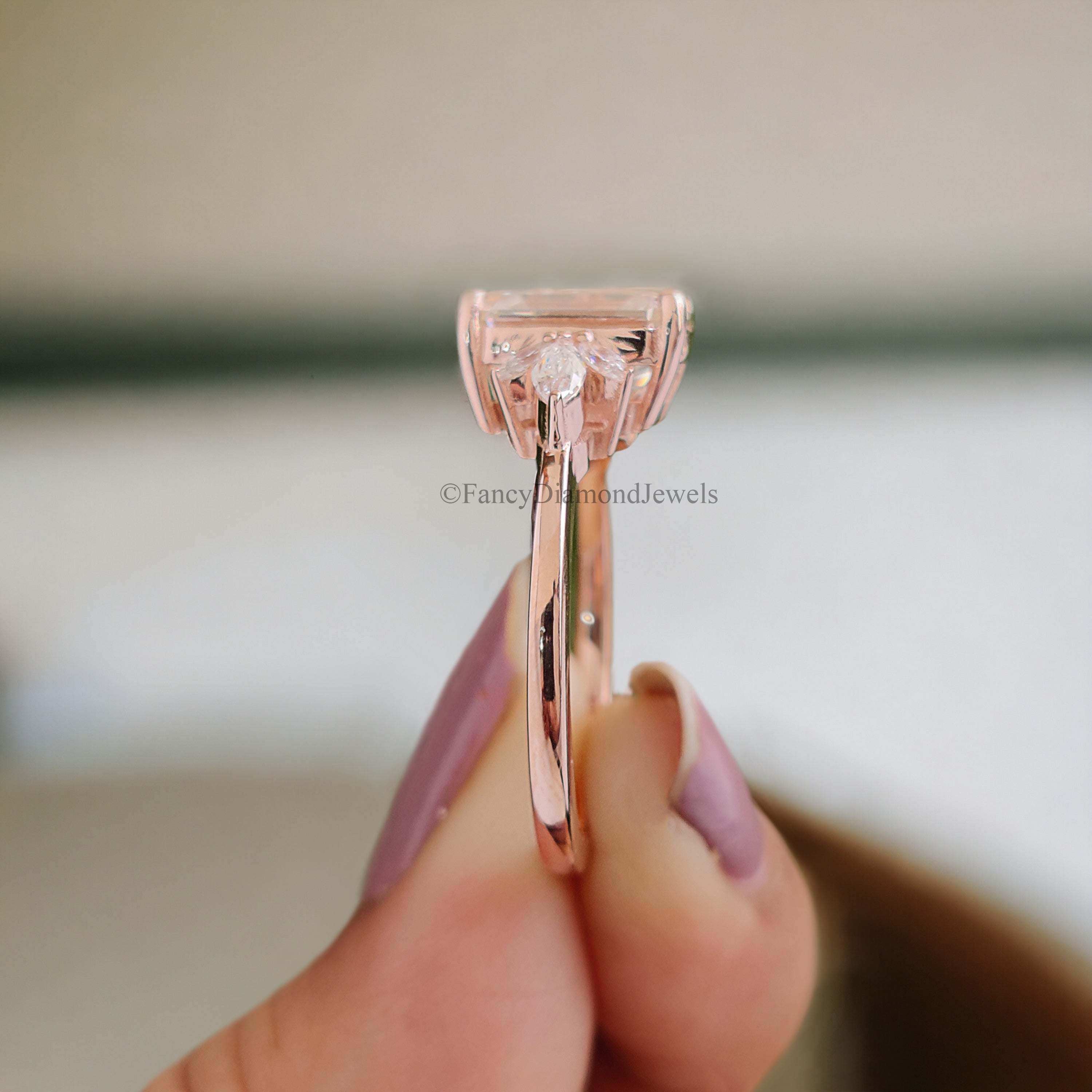 Emerald cut Moissanite engagement ring vintage Unique rose gold Marquise cut diamond Cluster engagement ring women wedding Bridal gift FD176