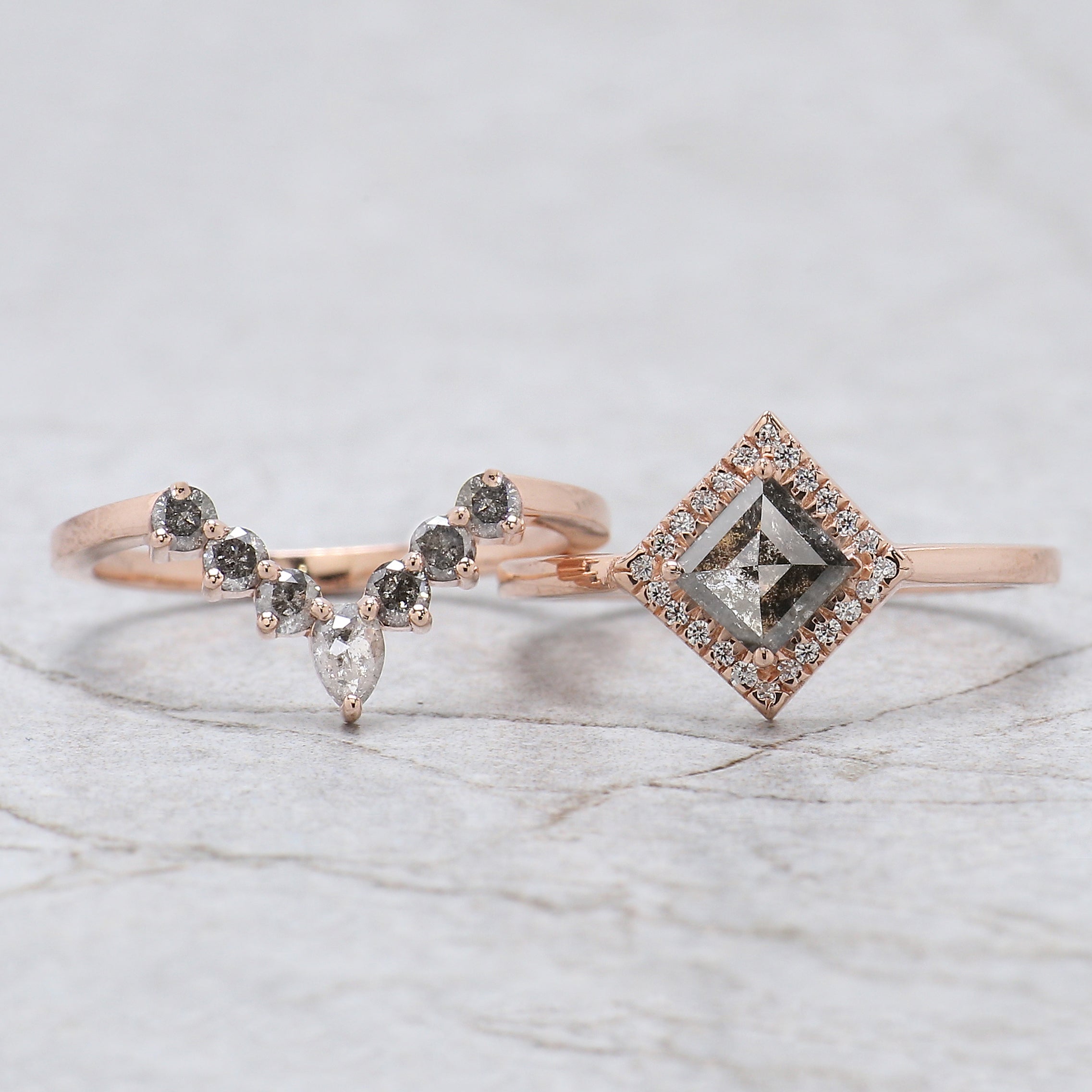 Kite Cut Salt And Pepper Diamond Ring 0.60 Ct 6.80 MM Kite Diamond Ring 14K Solid Rose Gold Silver Kite Engagement Ring Gift For Her QL159