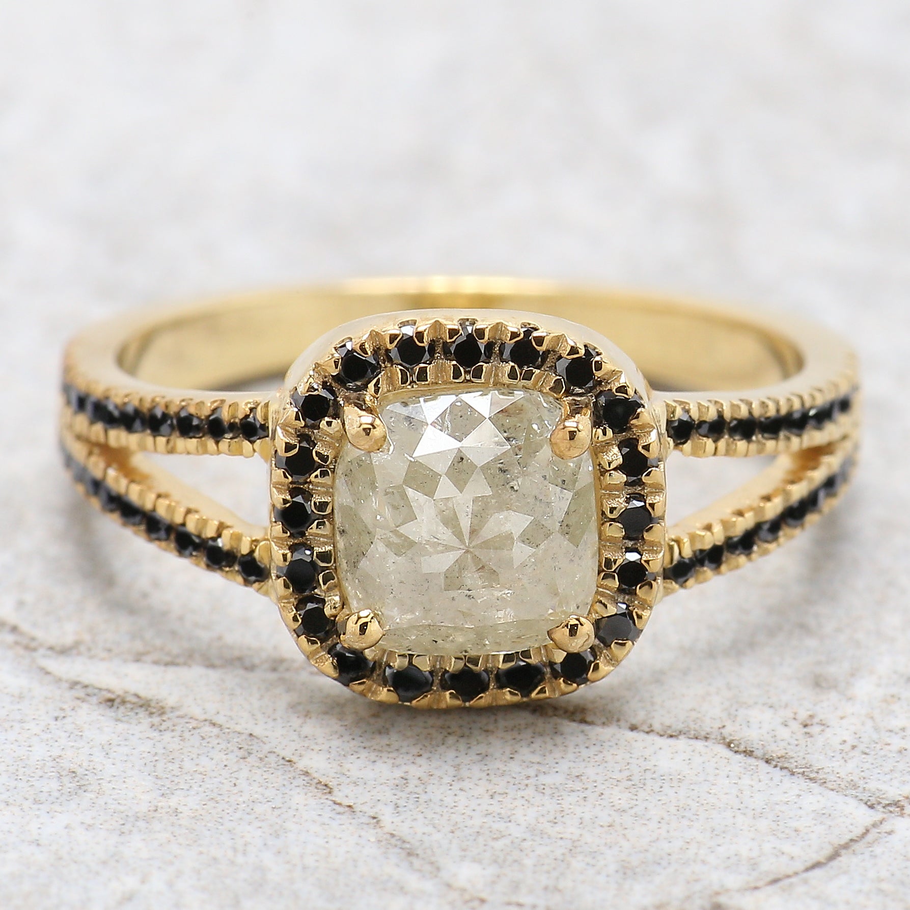 Cushion Cut Salt And Pepper Diamond Ring 1.44 Ct 6.40 MM Cushion Diamond Ring 14K Yellow Gold Silver Engagement Ring Gift For Her QL6437