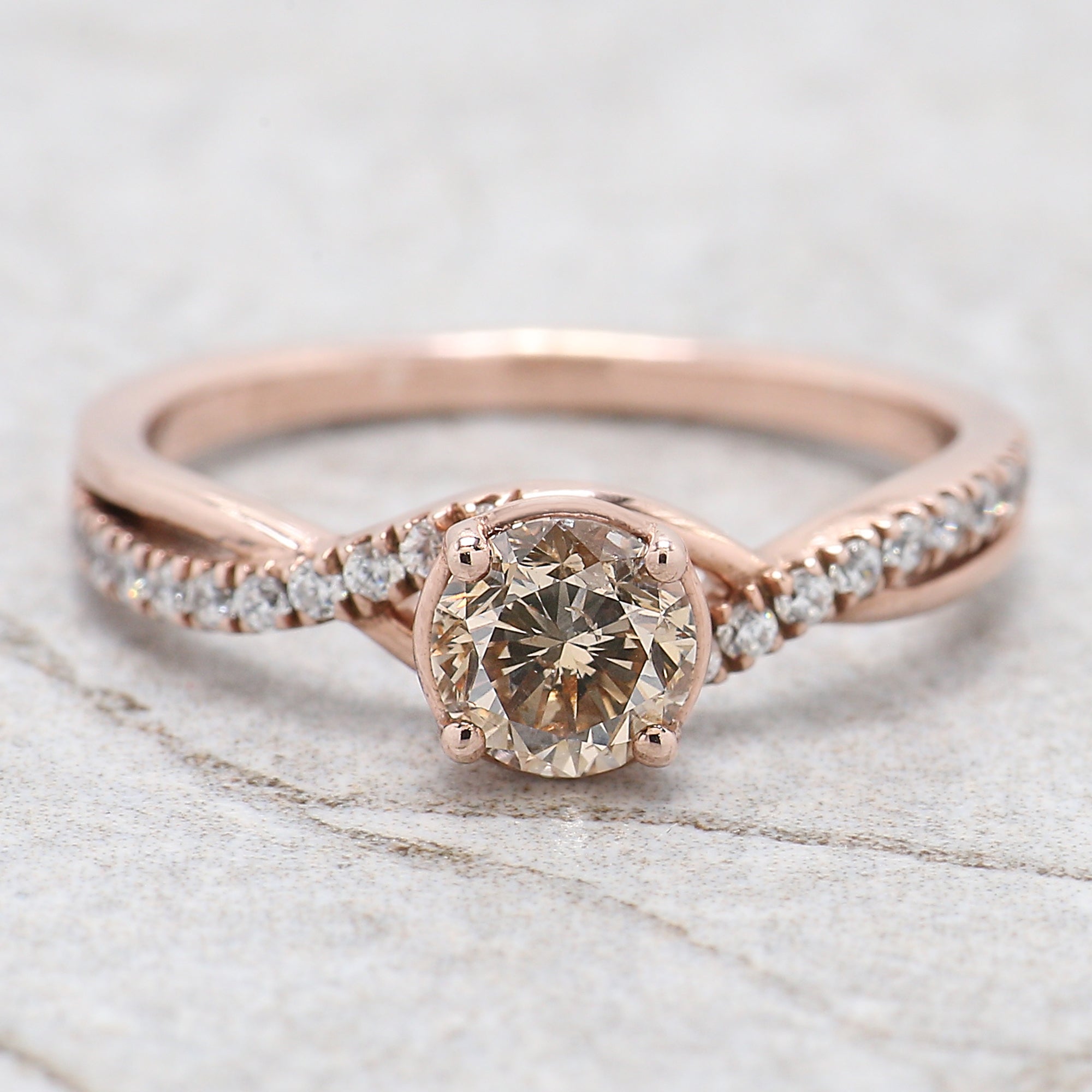 Round Shape Brown Color Diamond Ring 0.62 Ct 5.20 MM Round Cut Diamond Ring 14K Solid Rose Gold Silver Engagement Ring Gift For Her QL628