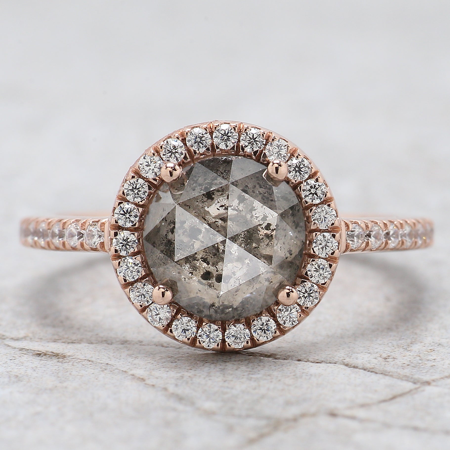 Round Rose Cut Salt And Pepper Diamond Ring 1.83 Ct 7.75 MM Round Rose Diamond Ring 14K Rose Gold Silver Engagement Ring Gift For Her QL2188