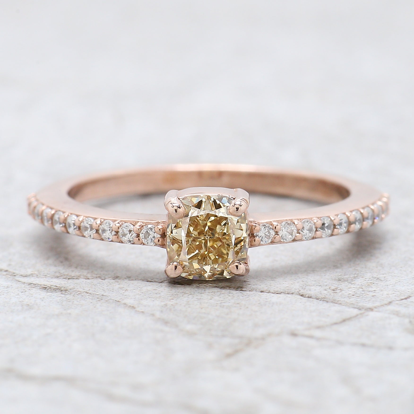 Cushion Yellow Color Diamond Ring 0.71 Ct 4.90 MM Cushion Shape Diamond Ring 14K Solid Rose Gold Silver Engagement Ring Gift For Her QL5778