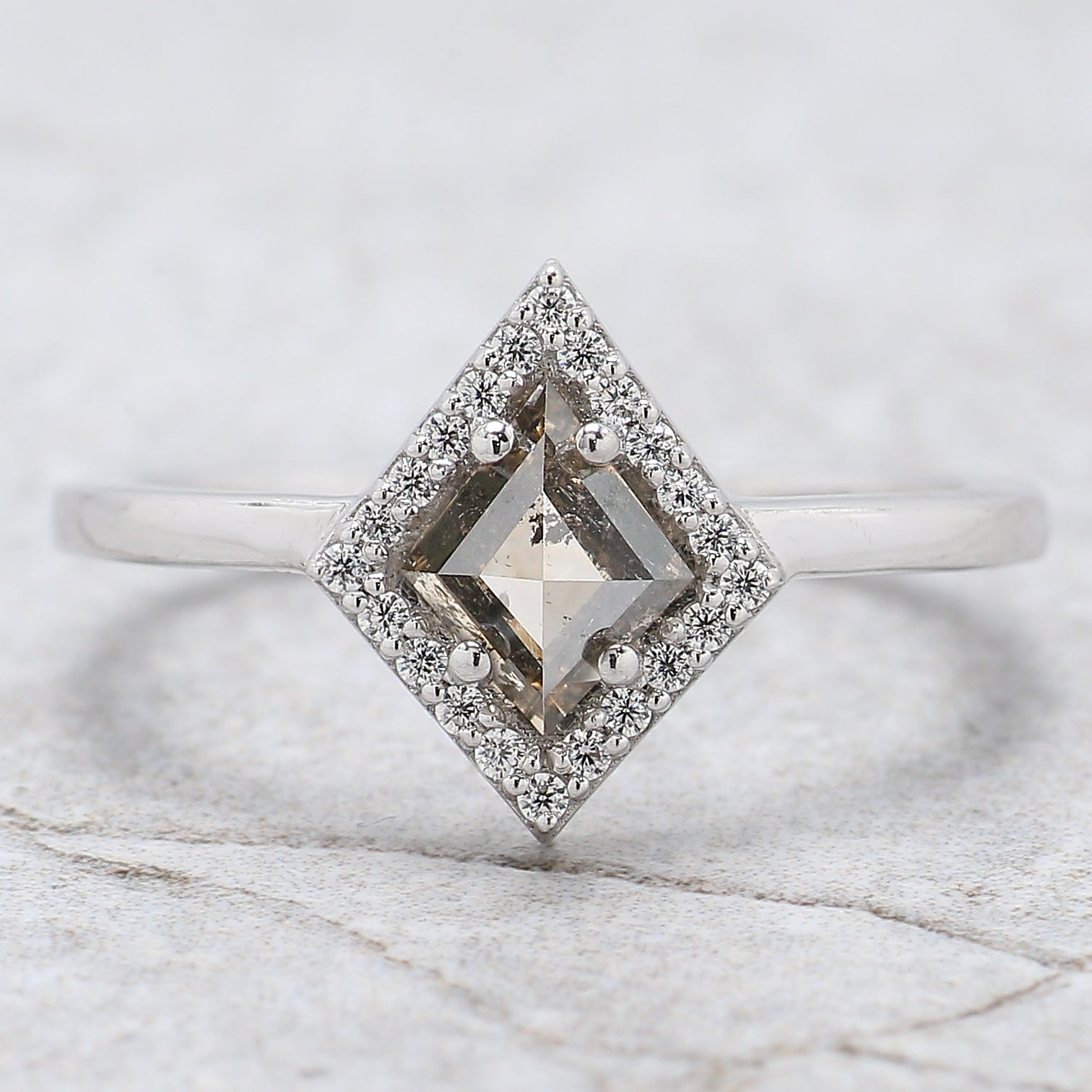 Kite Cut Salt And Pepper Diamond Ring 0.84 Ct 7.11 MM Kite Diamond Ring 14K Solid White Gold Silver Kite Engagement Ring Gift For Her QL2602