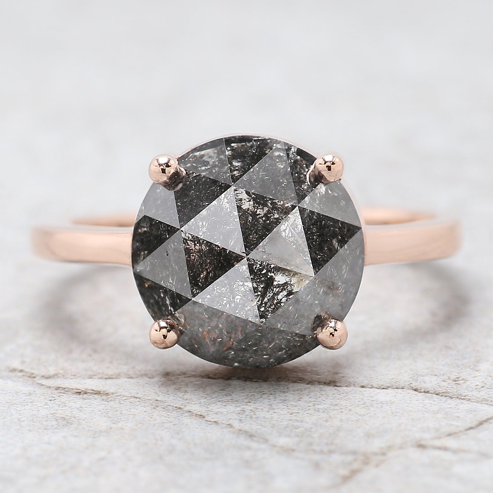 Round Rose Cut Salt And Pepper Diamond Ring 5.10 Ct 10.30 MM Round Diamond Ring 14K Solid Rose Gold Silver Engagement Ring Gift For Her QL093