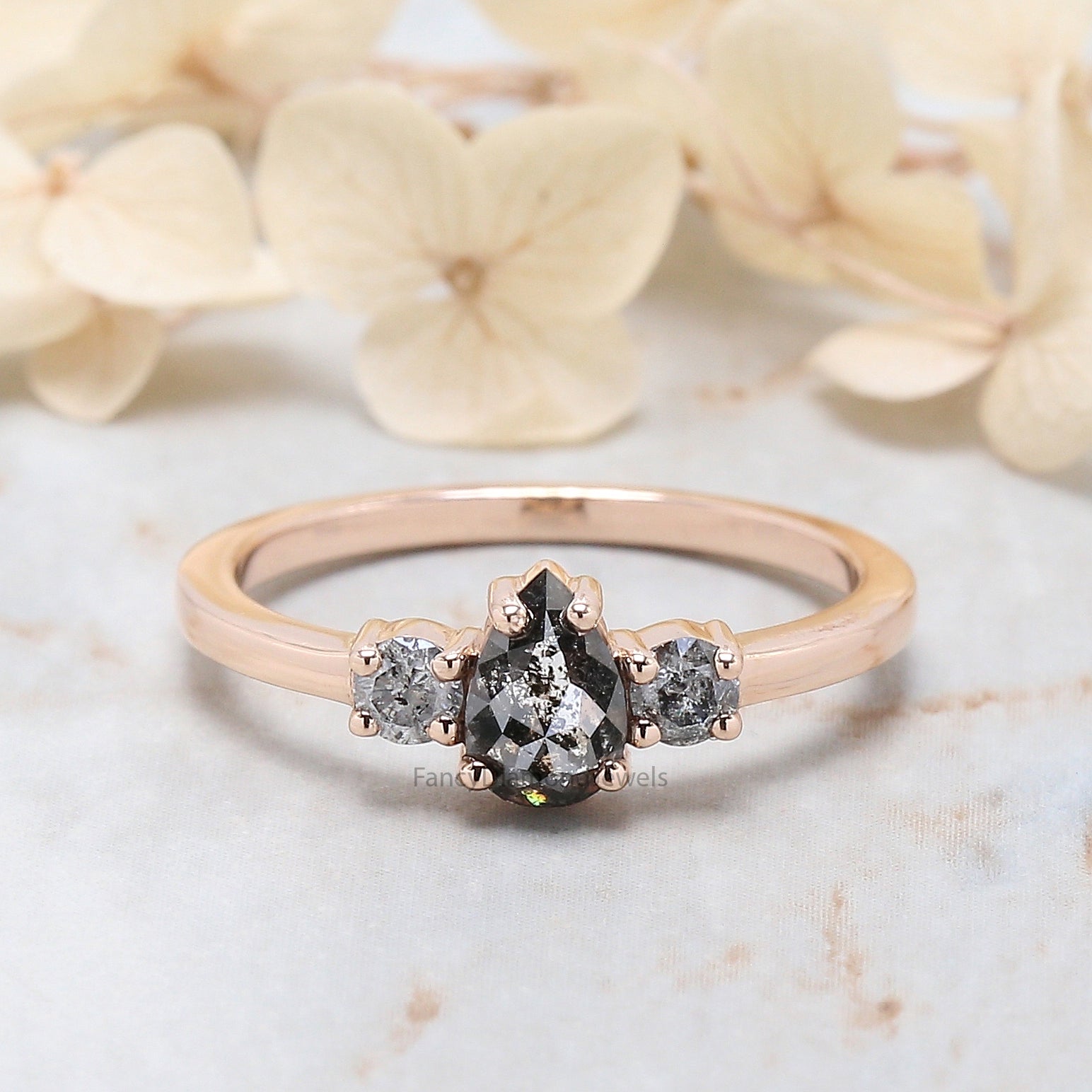 Pear Cut Salt And Pepper Diamond Ring 0.62 Ct 6.67 MM Pear Diamond Ring 14K Solid Rose Gold Silver Pear Engagement Ring Gift For Her QL3026