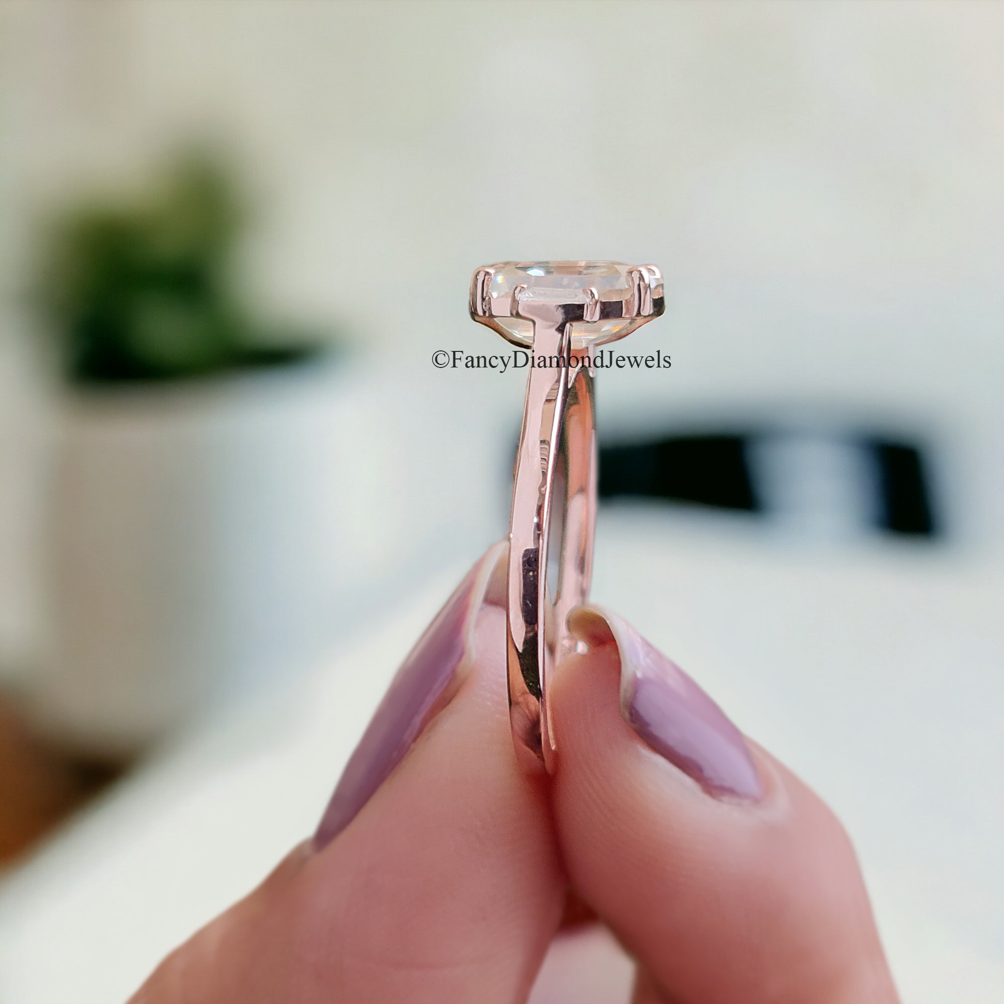 Three Stone Ring Emerald With Side Baguettes 1.50 CT Colorless Emerald Moissanite Engagement Ring Wedding Ring Rose Gold Designer Ring FD95