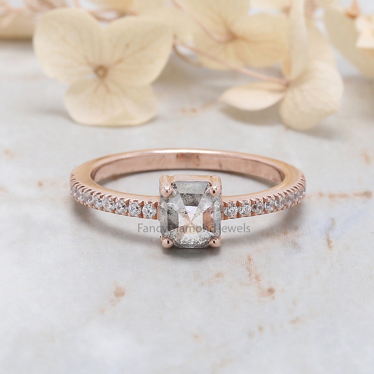 Emerald Cut Salt And Pepper Diamond Ring 1.05 Ct 5.60 MM Emerald Diamond Ring 14K Solid Rose Gold Silver Engagement Ring Gift For Her QL3062