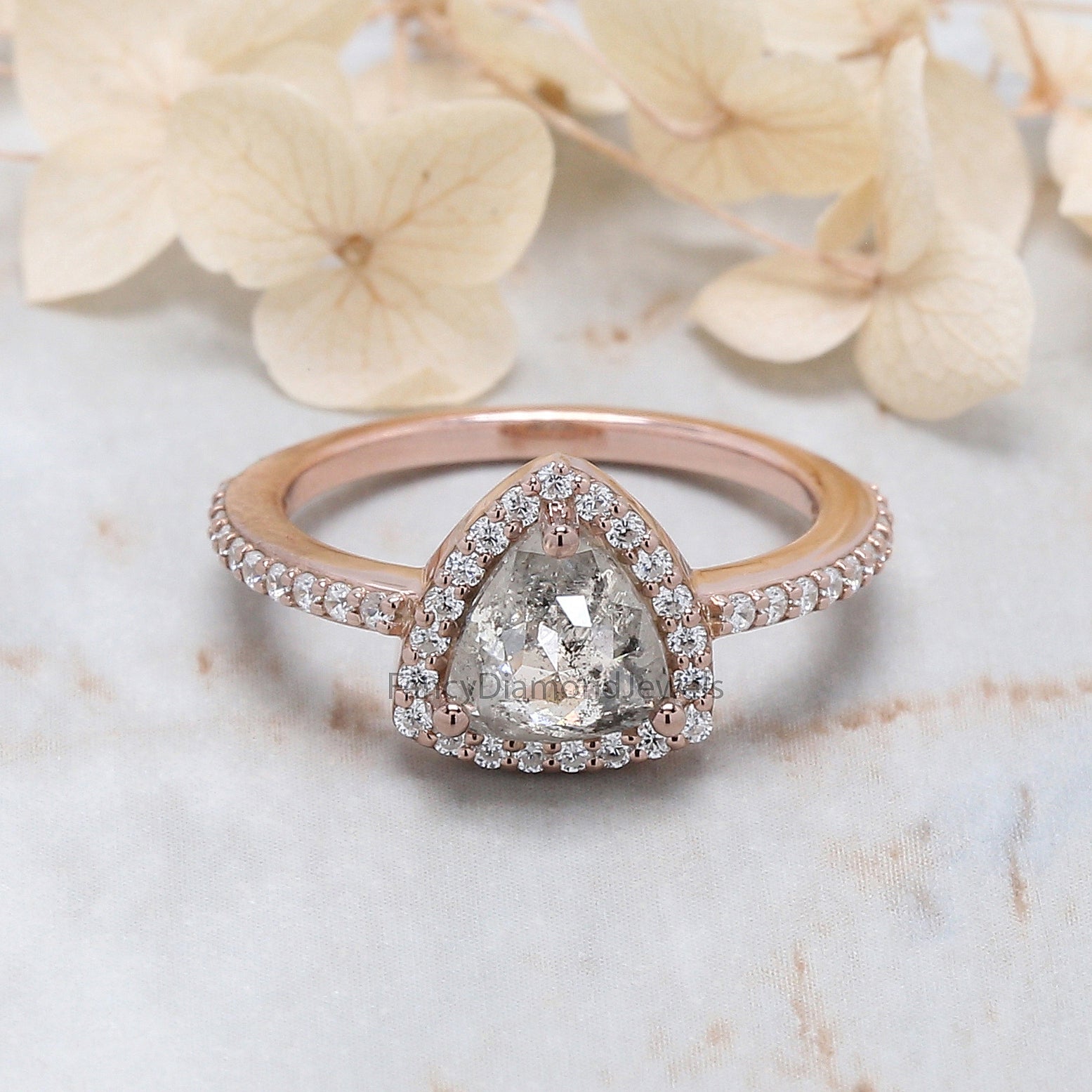 1.35 Ct Natural Triangle Salt And Pepper Diamond Ring 7.10 MM Triangle Diamond Ring 14K Solid Rose Gold Silver Engagement Ring QN8925