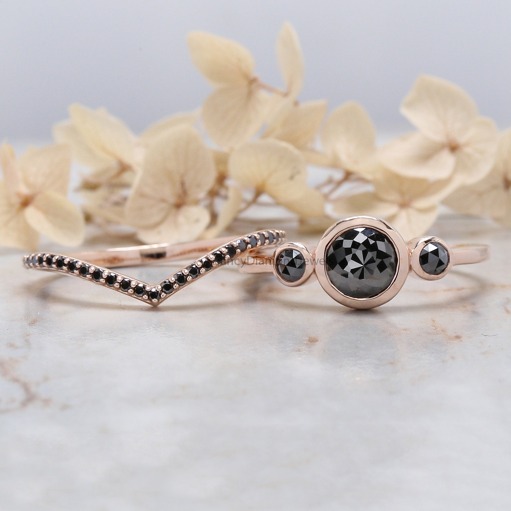 Round Rose Cut Black Color Diamond Ring 1.07 Ct 6.55 MM Round Shape Diamond Ring 14K Rose Gold Silver Engagement Ring Gift For Her QL3031