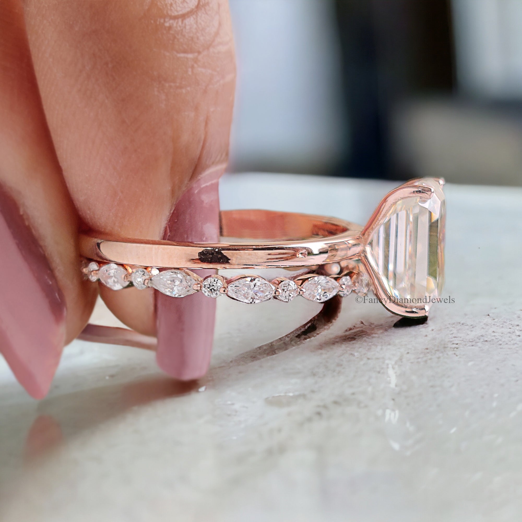Emerald Cut Moissanite Engagement Ring Set Solitaire Engagement Ring Rose Gold Unique Full Eternity Ring Anniversary Gift For Women FD220