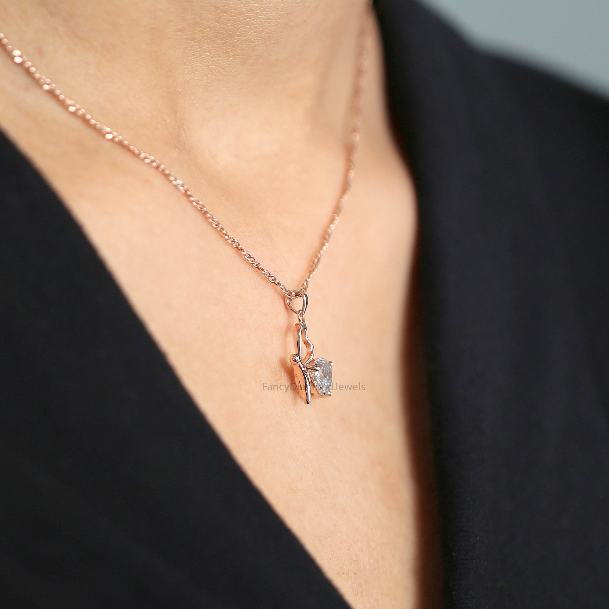 Heart Cut Salt And Pepper Diamond Pendant 1.15 Ct 6.20 MM Heart Diamond Pendant 14K Rose Gold Silver Engagement Pendant Gift For Her QL2571