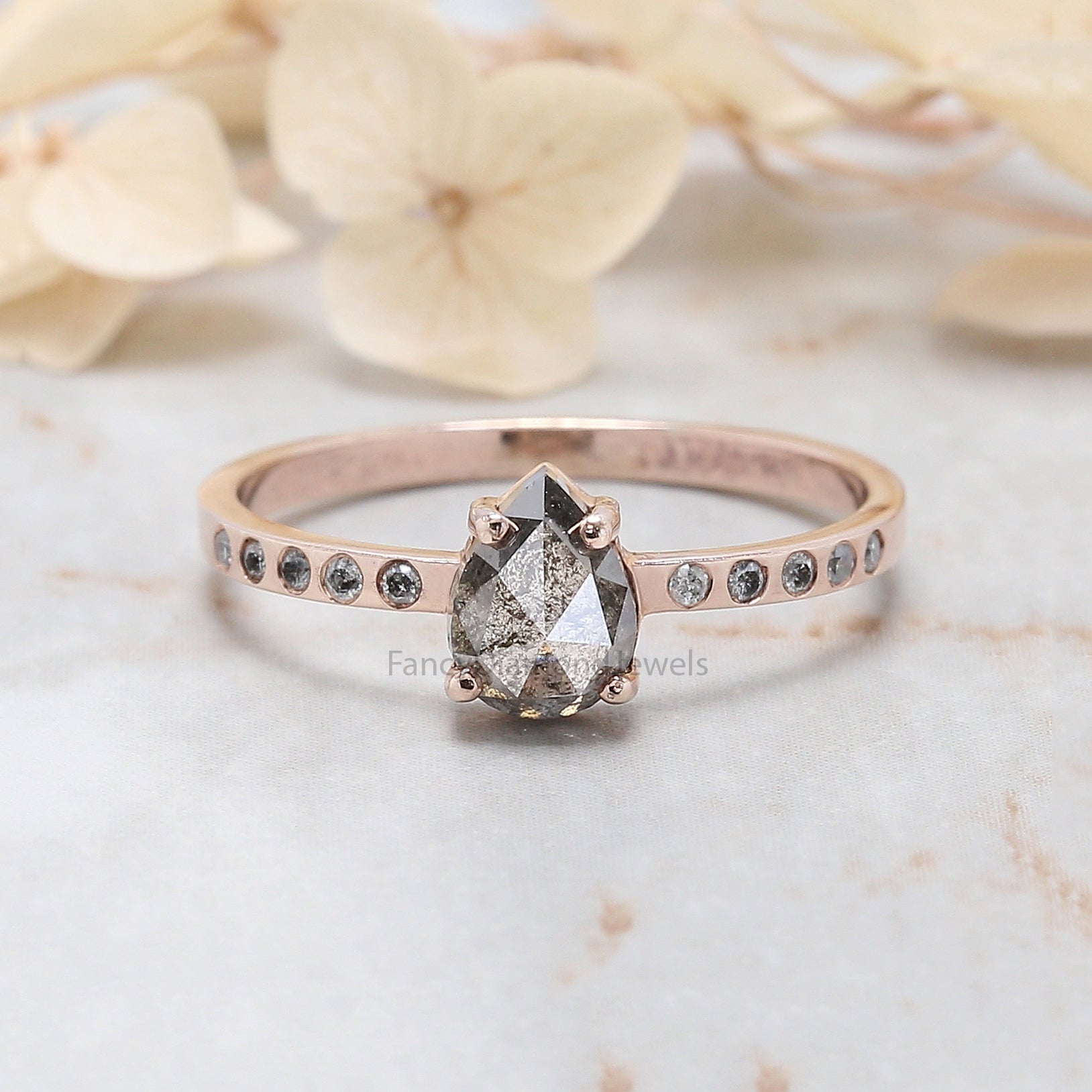 Pear Cut Salt And Pepper Diamond Ring 0.91 Ct 6.90 MM Pear Diamond Ring 14K Solid Rose Gold Silver Pear Engagement Ring Gift For Her QL3095