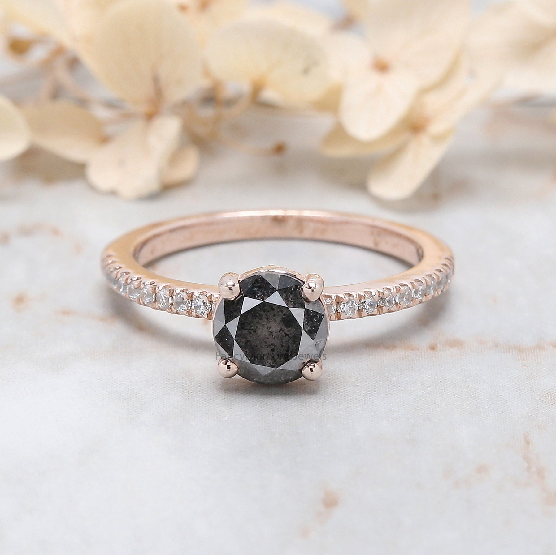Round Cut Salt And Pepper Diamond Ring 1.25 Ct 6.40 MM Round Diamond Ring 14K Solid Rose Gold Silver Engagement Ring Gift For Her QL8301