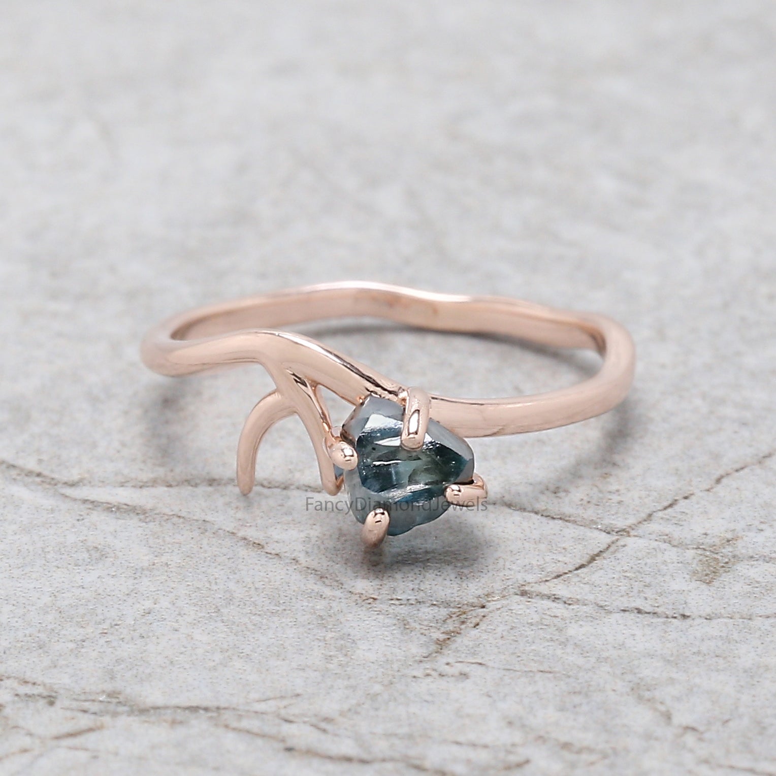 Rough Blue Color Diamond Ring 0.95 Ct 5.08 MM Crystal Rough Diamond Ring 14K Solid Rose Gold Silver Engagement Ring Gift For Her QL2231