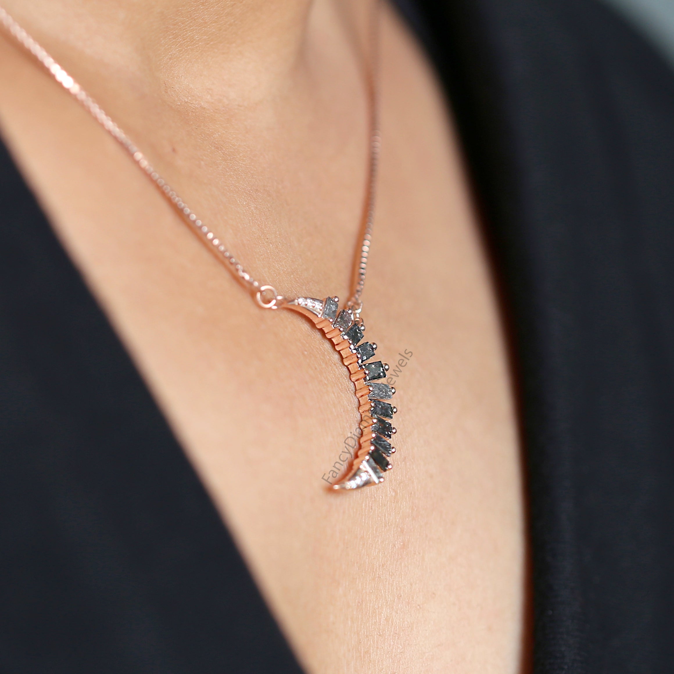 Baguette Salt And Pepper Diamond Pendant, Unique Diamond Pendant, Salt And Pepper Diamond Pendant, Baguette Shape Dangling Pendant, KDN1895