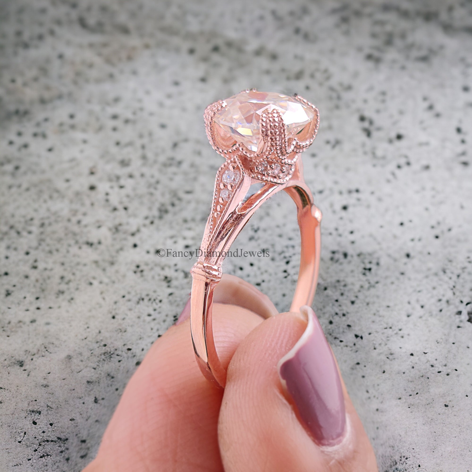 Old European Cut Engagement Ring Rose Gold Ring Round Moissanite Ring 2 CT Moissanite Milgrain Setting Ring Promise Ring For Her FD270