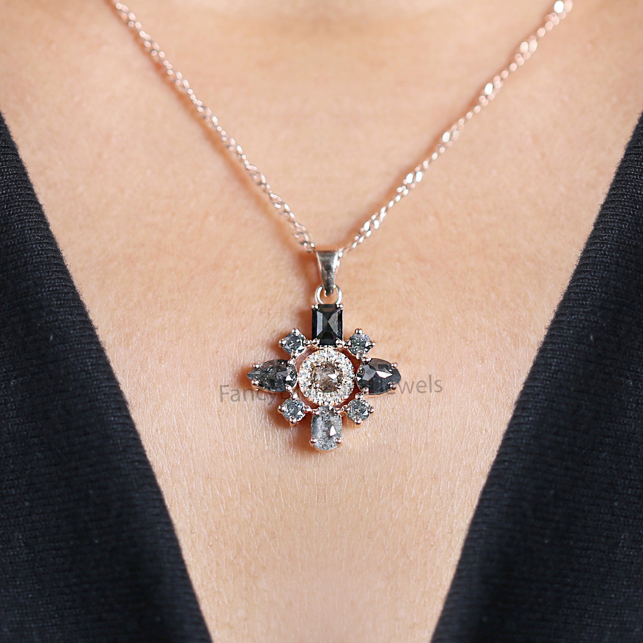 Mix Shape Salt And Pepper Diamond Pendant, Unique Diamond Pendant, Salt And Pepper Mix Shape Diamond Pendant, Dangling Pendant, KDN1485