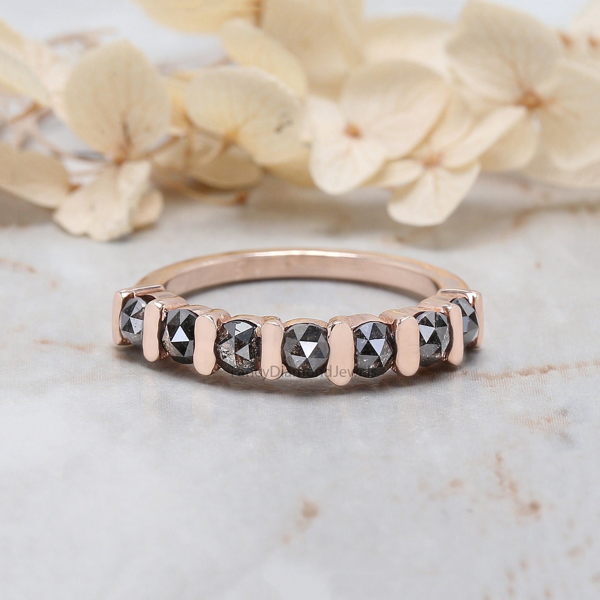 Round Rose Cut Salt And Pepper Diamond Ring 1.12 Ct 3.30 MM Round Diamond Ring 14K Rose Gold Silver Engagement Ring Gift For Her KD1222