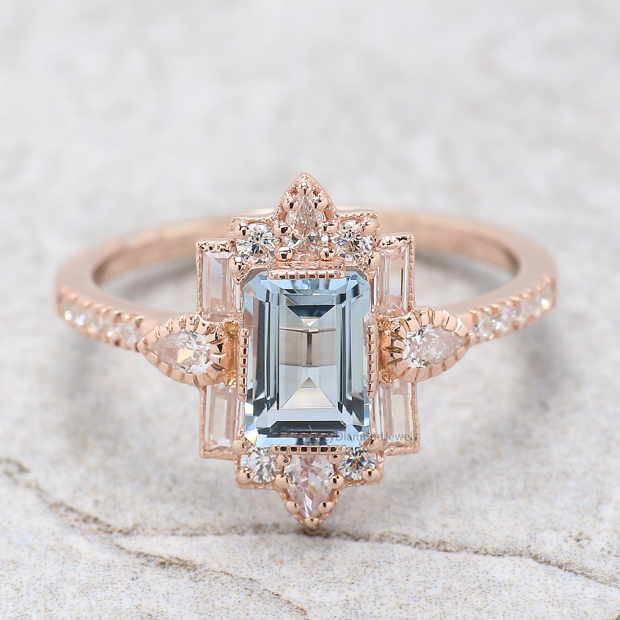 Emerald Cut Natural Aquamarine Engagement Ring Baguette wedding ring Unique art deco ring Pear halo ring Starburst ring Gift For Her FD385
