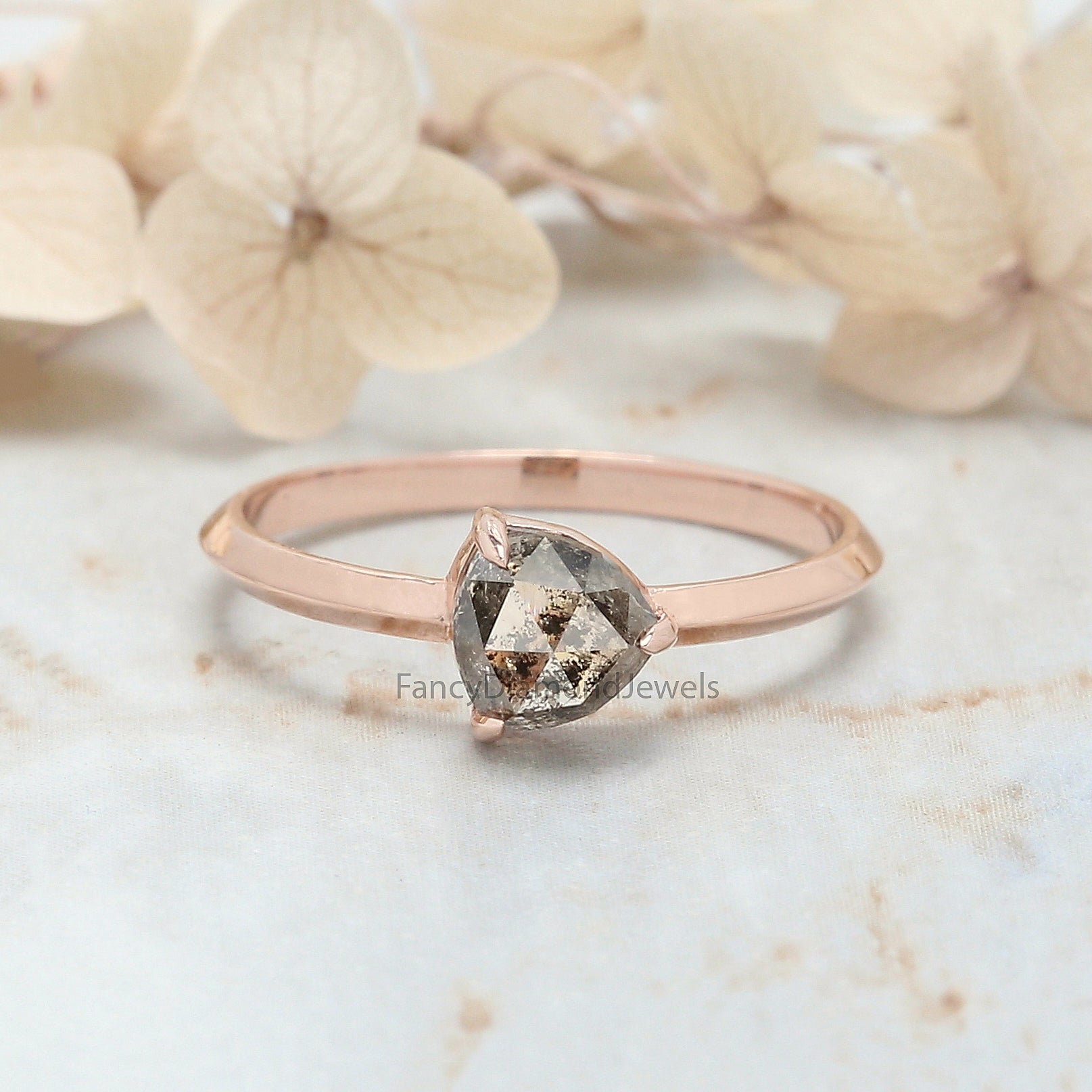 Triangle Salt And Pepper Diamond Ring 0.95 Ct 5.71 MM Triangle Diamond Ring 14K Solid Rose Gold Silver Engagement Ring Gift For Her QL3060