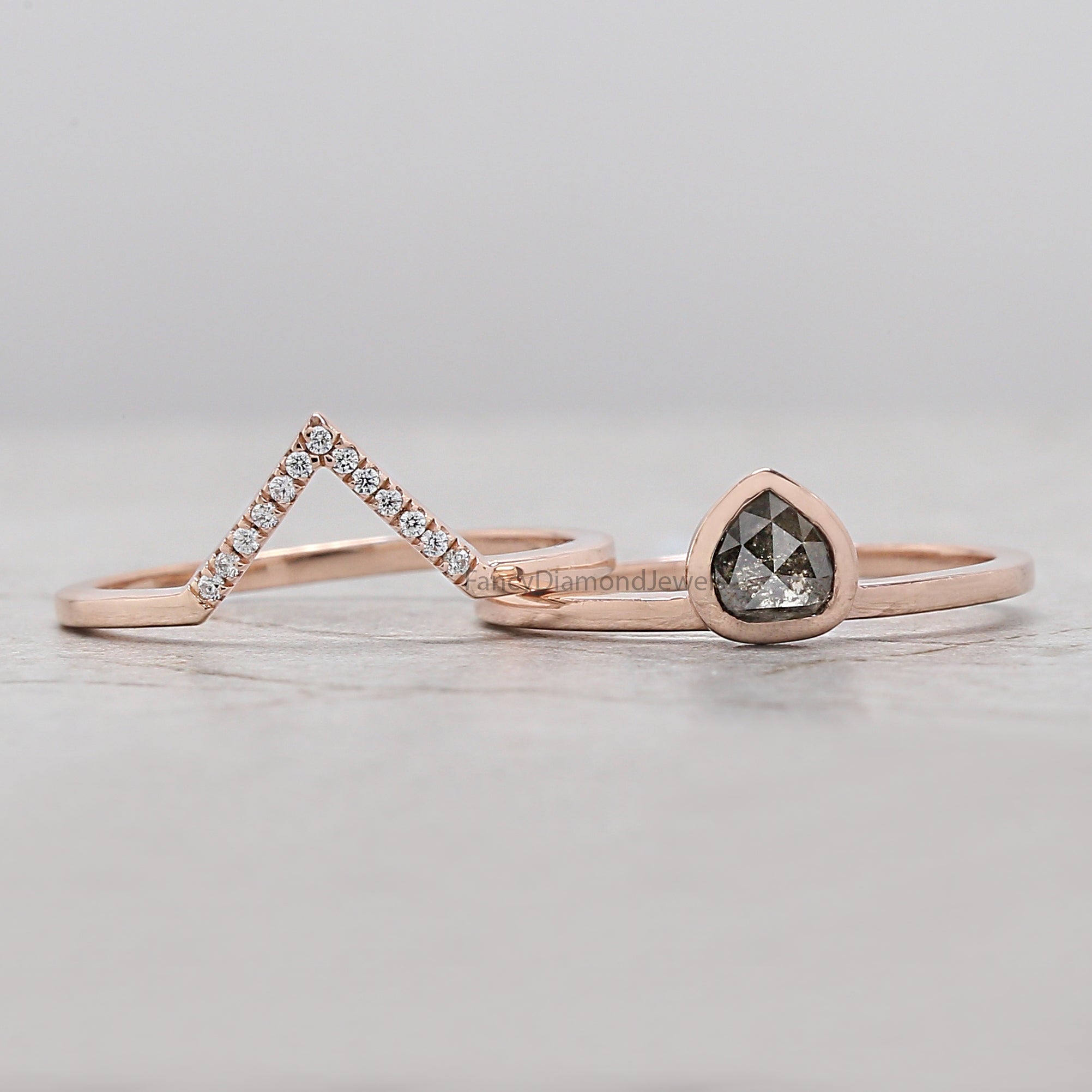 Pear salt and pepper Diamond Ring, Salt and pepper Pear Diamond Engagement Ring, Pear Diamond Ring, Pear Ring, Pear Bridal Ring Set, KD1129