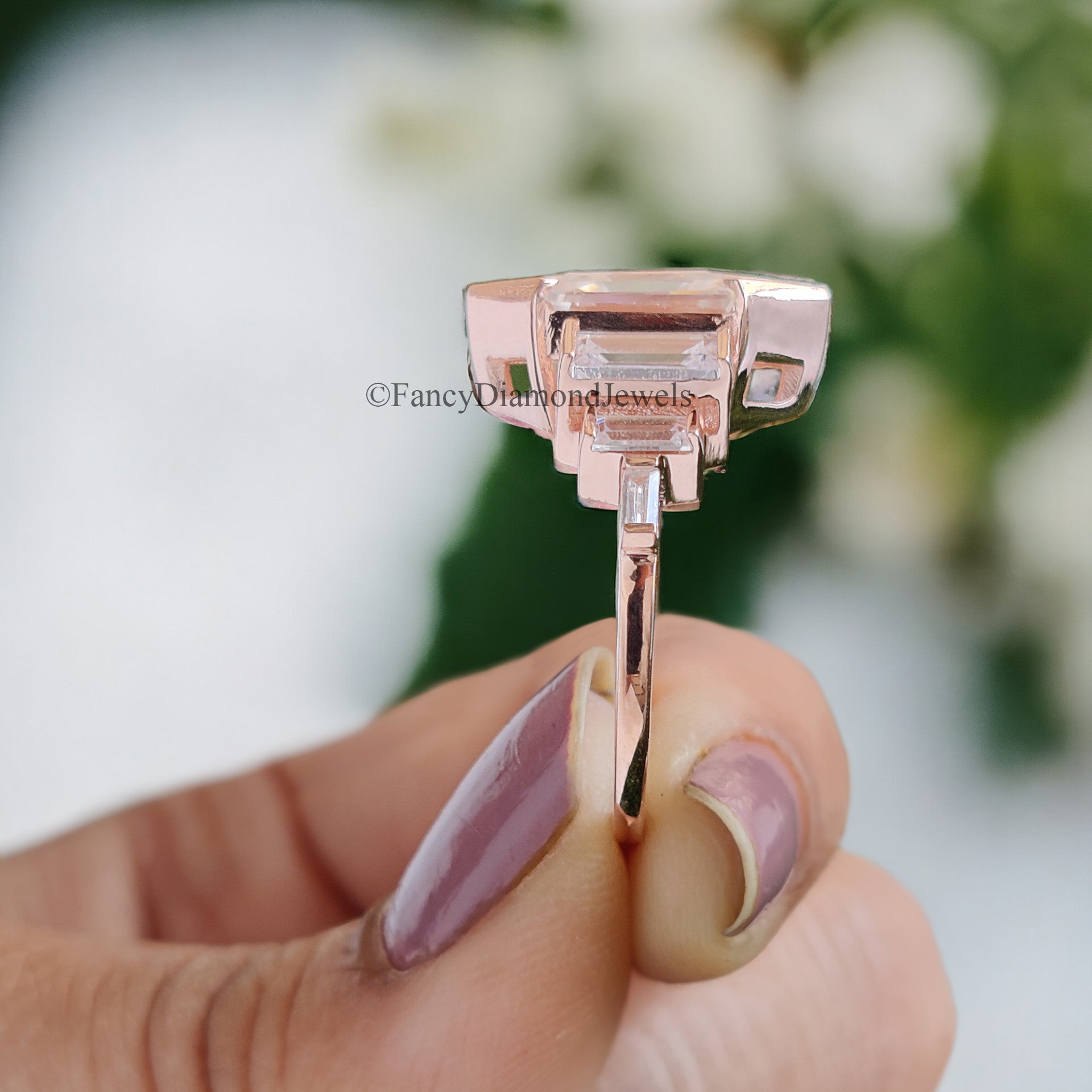 Hexagon Moissanite Engagement Ring Unique Rose Gold Engagement Ring Baguette Ring Bezel Set Art Deco Bridal Promise Anniversary Gift FD66
