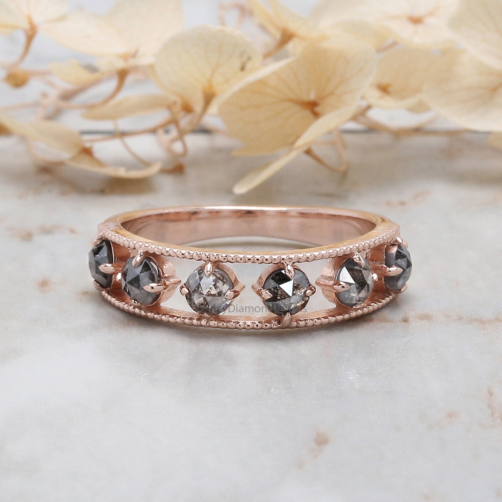 Round Rose Cut Salt And Pepper Diamond Ring 0.92 Ct 3.10 MM Round Diamond Ring 14K Rose Gold Silver Engagement Ring Gift For Her KD1224