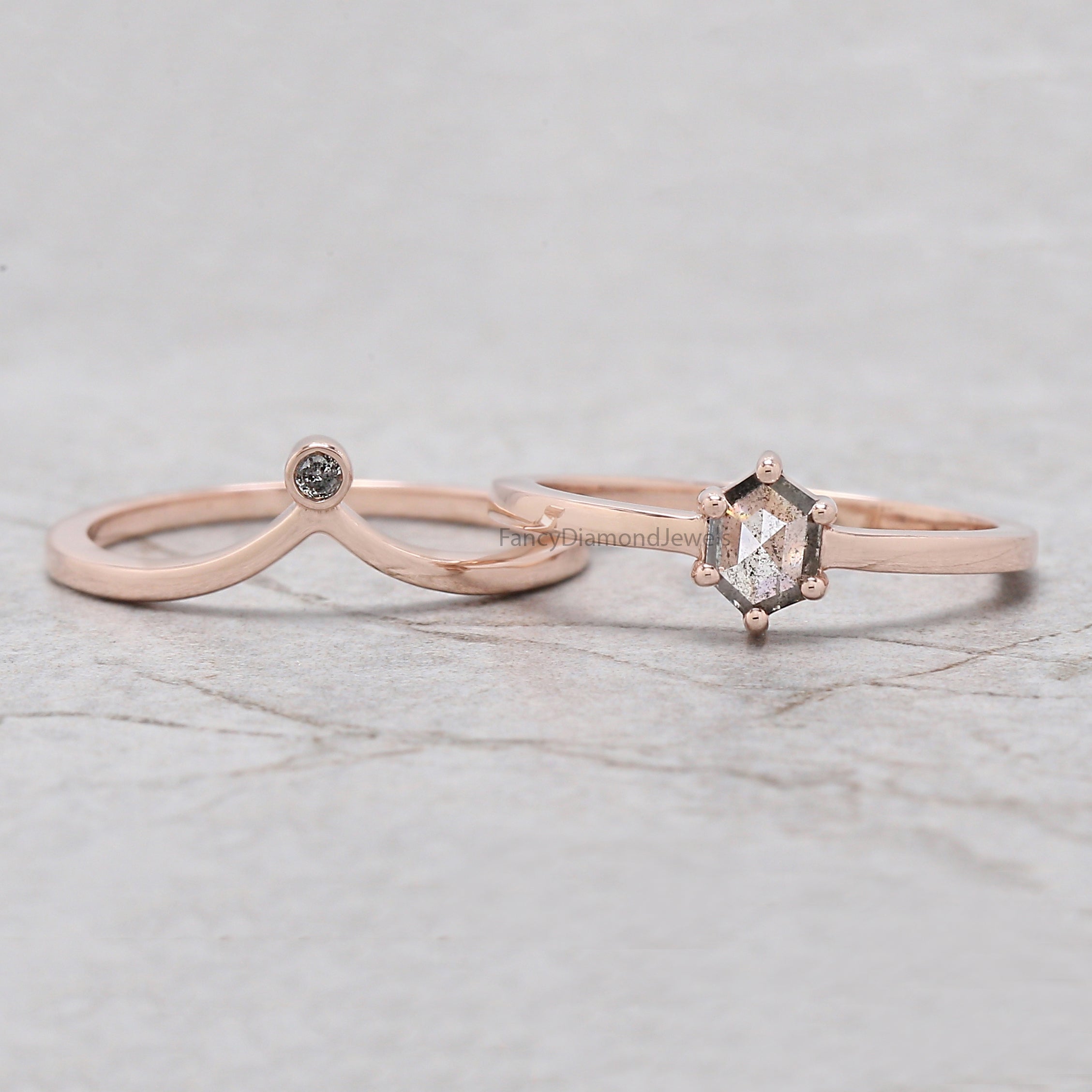 Hexagon salt and pepper Diamond Ring, Salt and pepper Hexagon Diamond Engagement Ring, Hexagon Diamond Ring, Hexagon Bridal Ring Set, KD1143