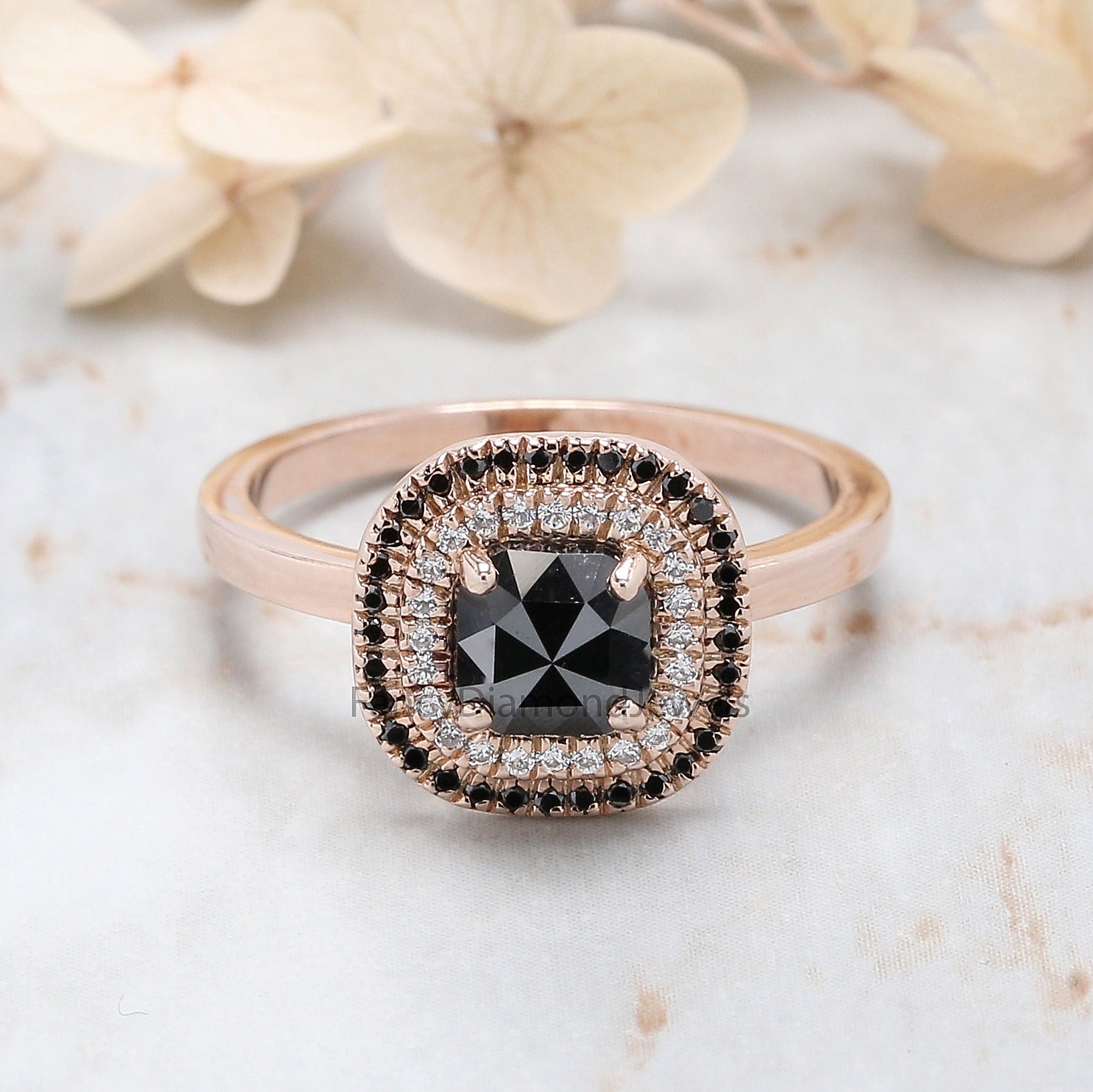 Cushion Shape Black Color Diamond Ring 1.02 Ct 5.80 MM Cushion Diamond Ring 14K Solid Rose Gold Silver Engagement Ring Gift For Her QN2518
