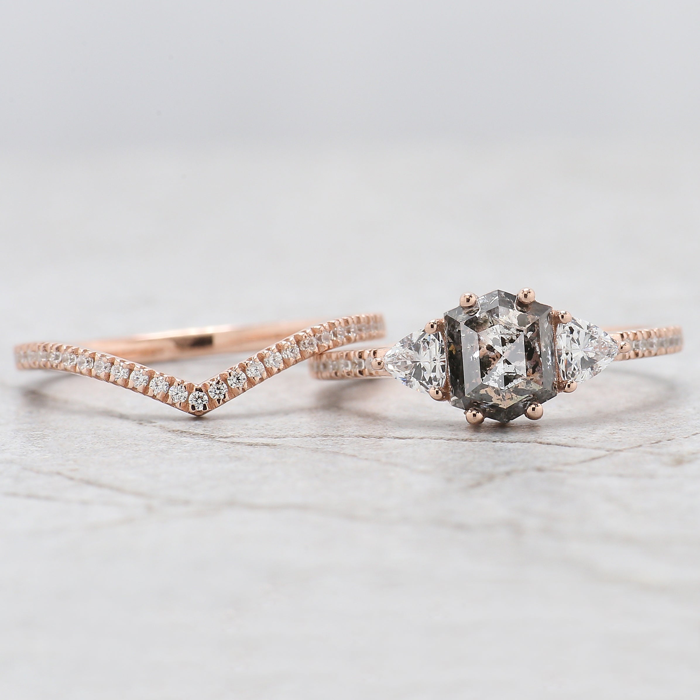 Hexagon Cut Salt And Pepper Diamond Ring 1.23 Ct 6.92 MM Hexagon Cut Diamond Ring 14K Rose Gold Silver Engagement Ring Gift For Her QL2743