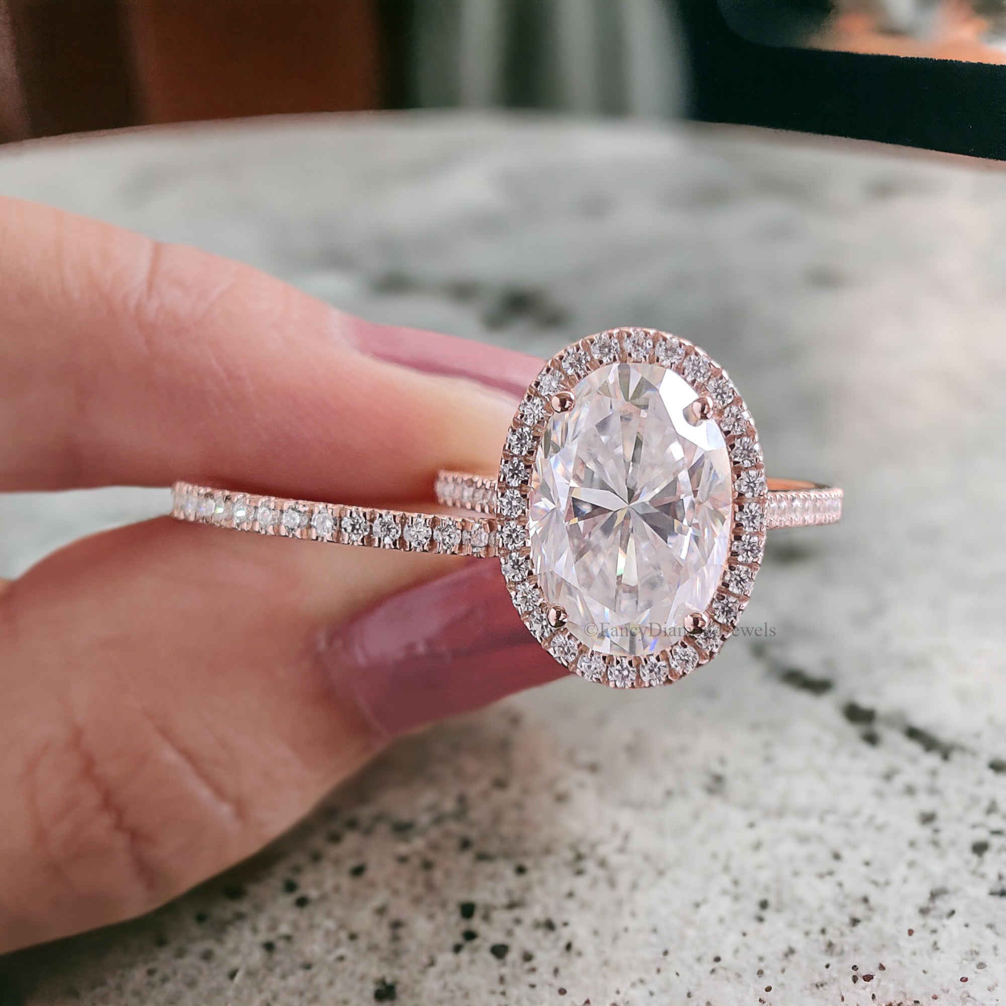 Oval Moissanite Engagement Ring Rose Gold Moissanite And Diamond Halo Ring Diamond Half Eternity Band Moissanite Bridal Ring Set FD134