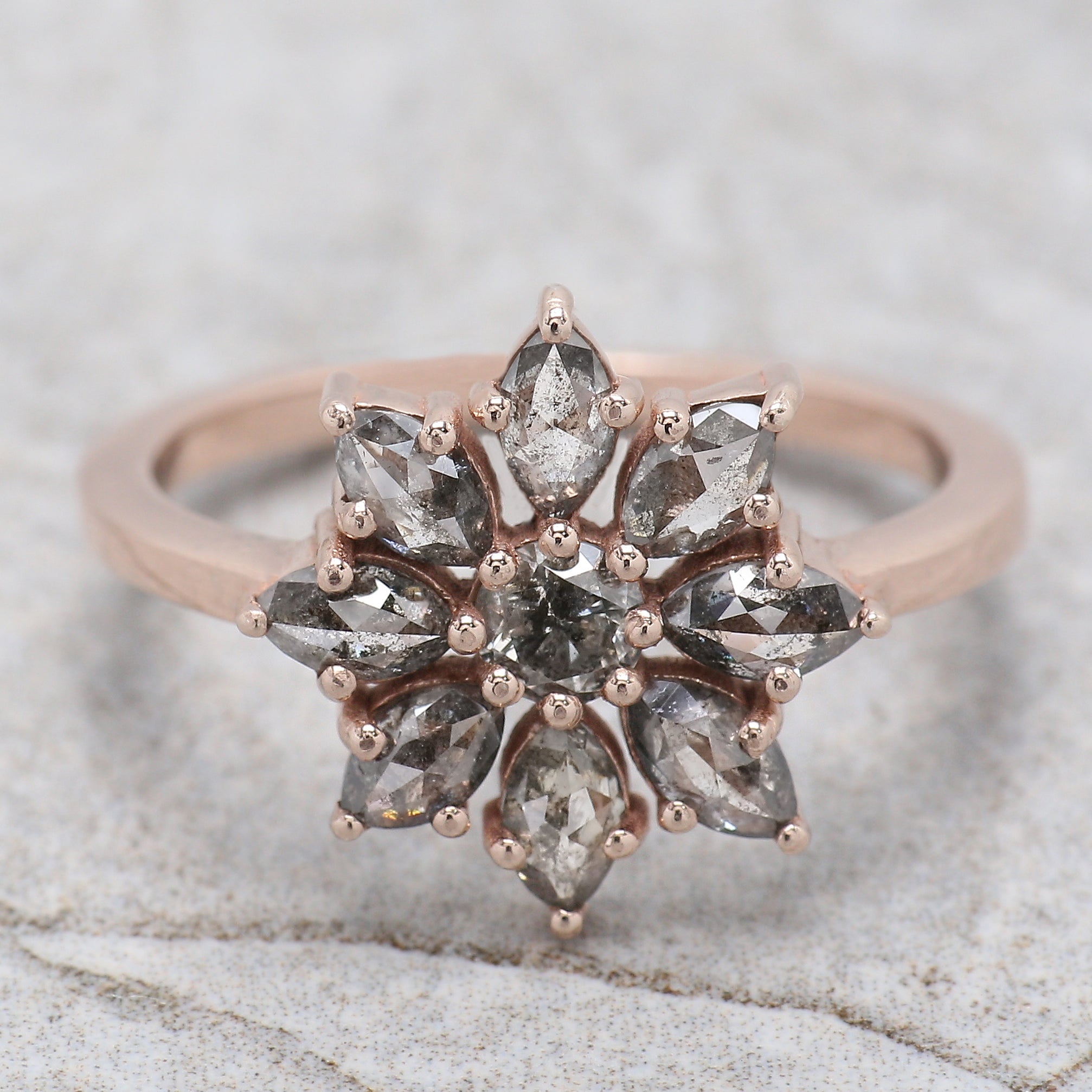 Marquise Cut Salt And Pepper Diamond Ring 0.93 Ct 4.65 MM Marquise Diamond Ring 14K Rose Gold Silver Engagement Ring Gift For Her QL1312