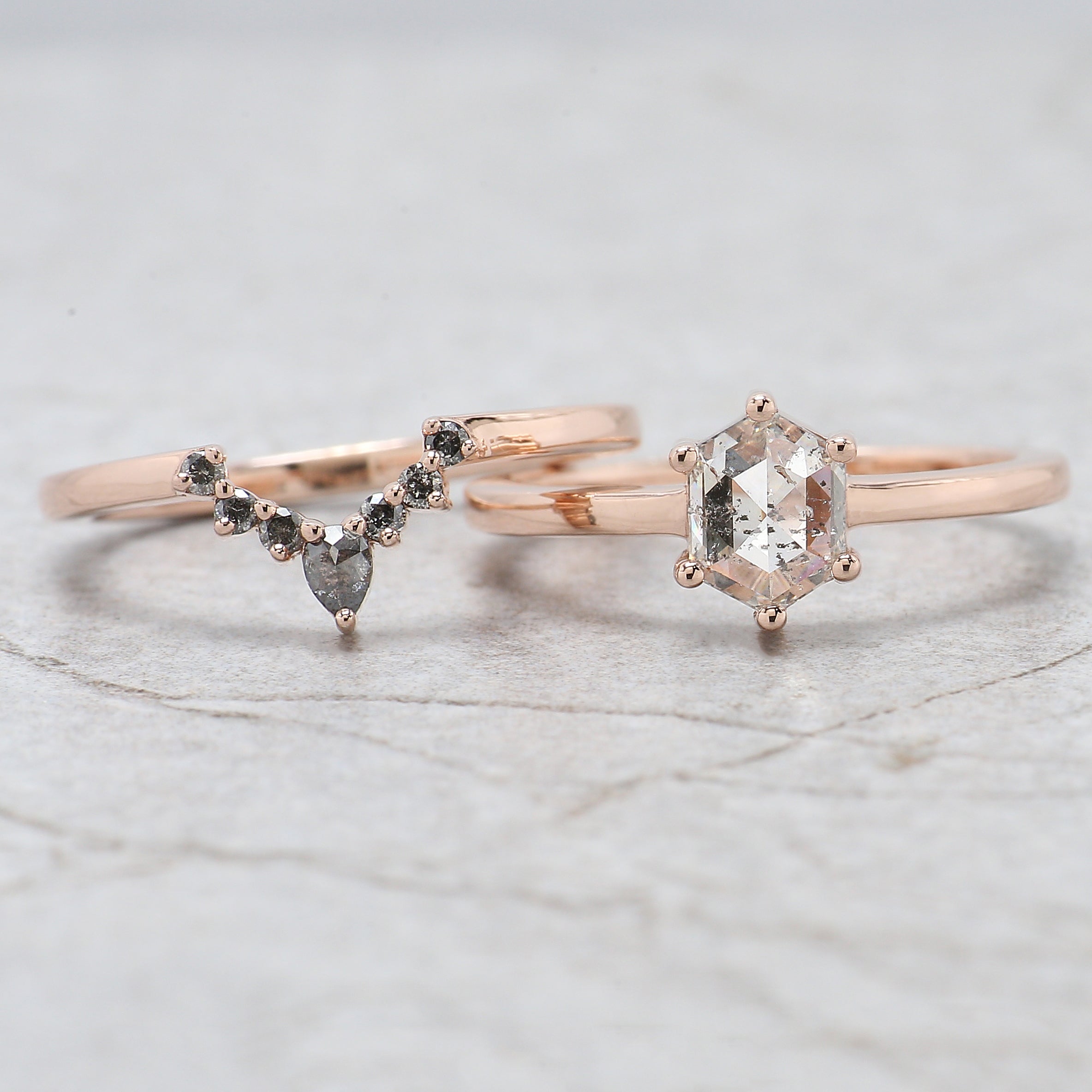 Hexagon Cut Salt And Pepper Diamond Ring 1.00 Ct 6.90 MM Hexagon Diamond Ring 14K Solid Rose Gold Silver Engagement Ring Gift For Her QL2676