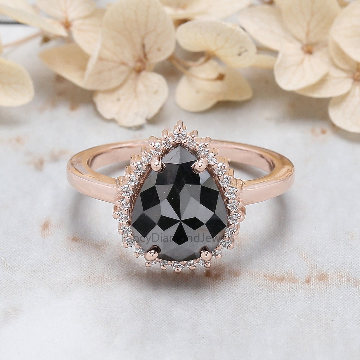 Pear Shape Black Color Diamond Ring 2.67 Ct 10.30 MM Pear Cut Diamond Ring 14K Solid Rose Gold Silver Engagement Ring Gift For Her QL3113
