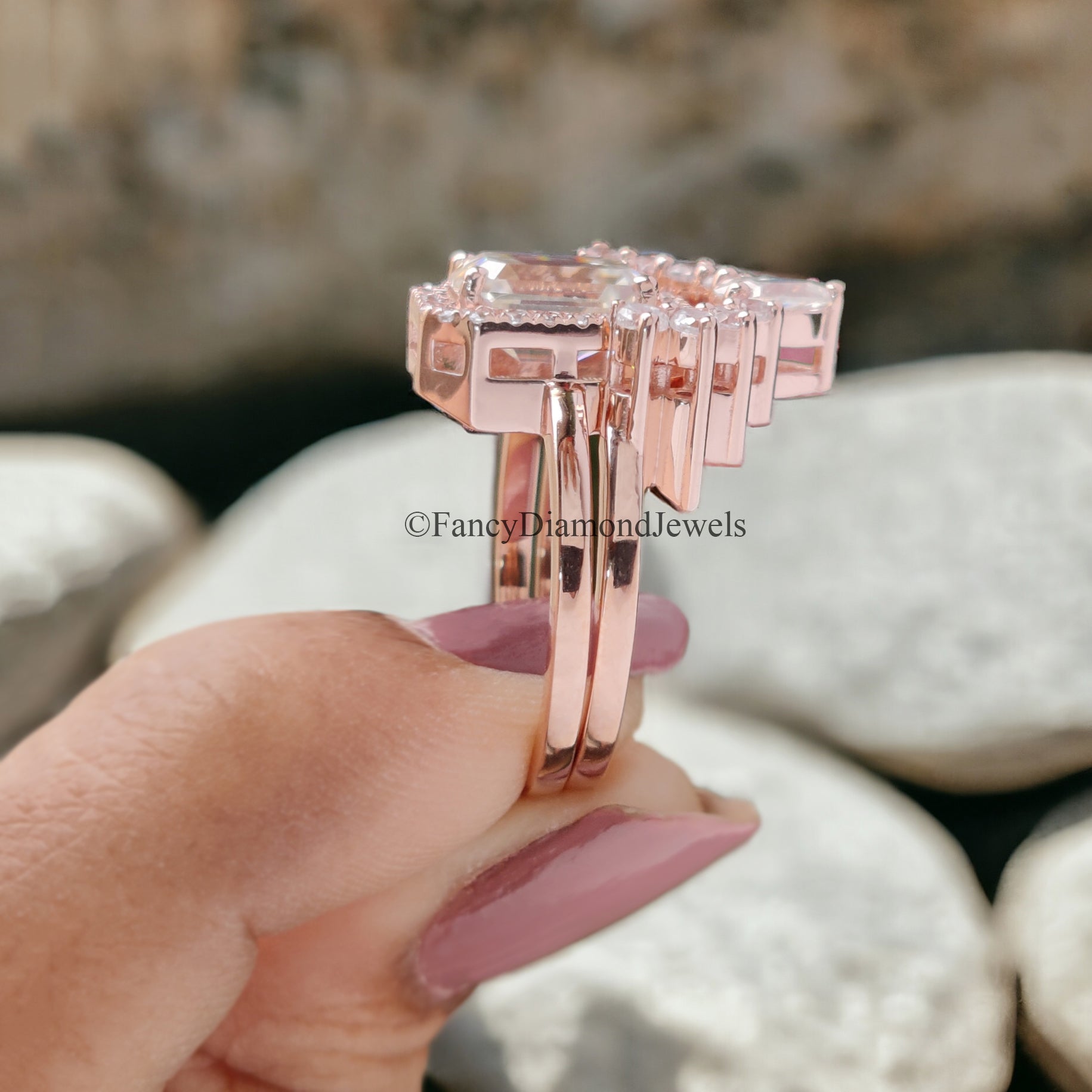 Vintage Moissanite Engagement Ring Set 1.85 CT Moissanite Ring Emerald Ring Rose Gold Ring Unique Stacking Ring Diamond Cluster Ring FD90