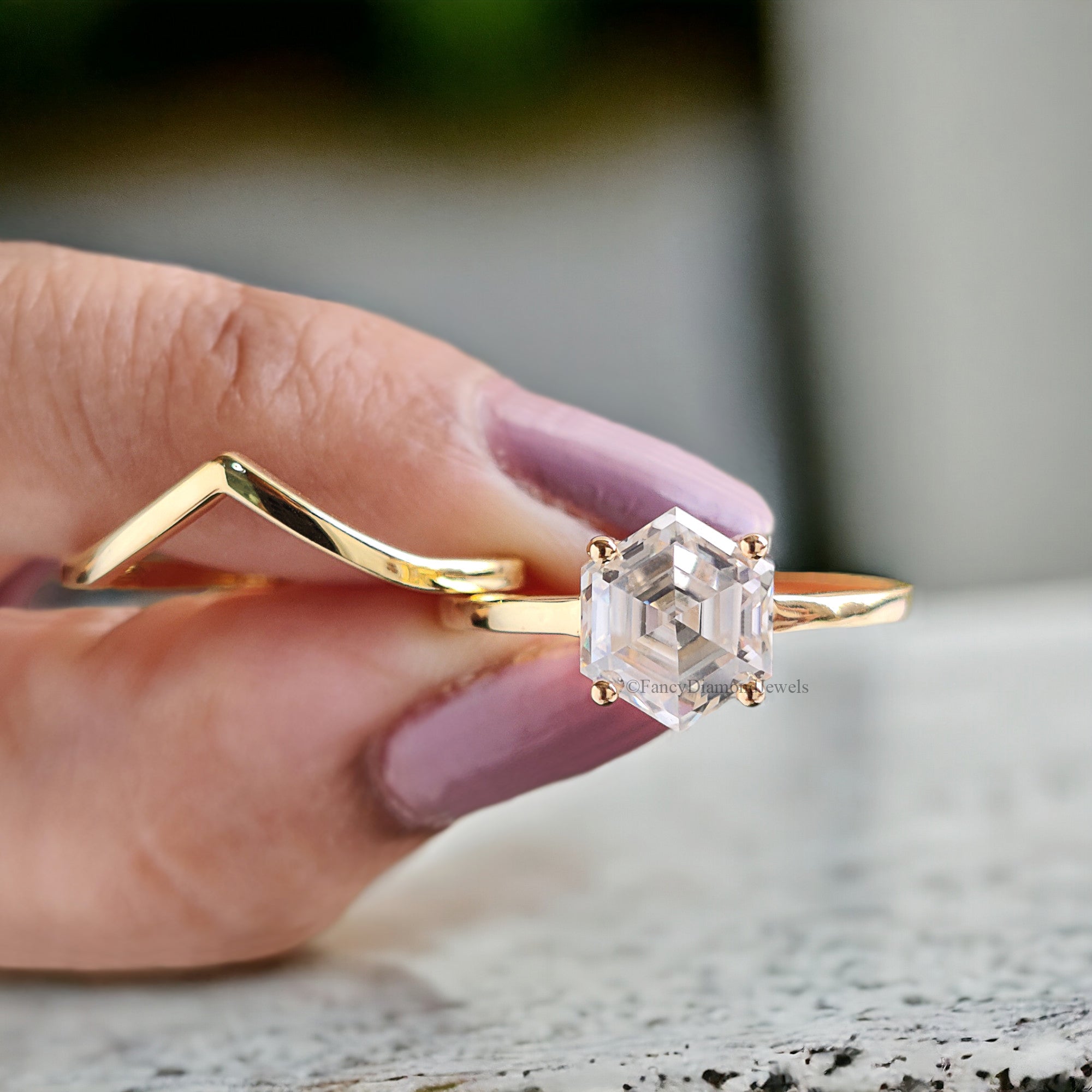 Hexagon Moissanite Bridal Ring Colorless Moissanite Wedding Ring Solid Gold Anniversary Band Solitaire Moissanite Engagement Ring Set FD165