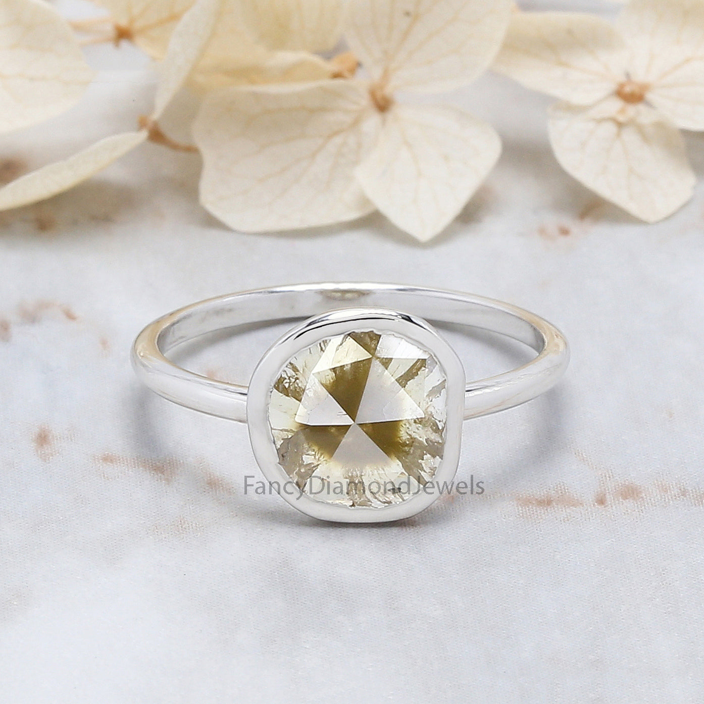 Slice Yellow Color Diamond Ring 1.14 Ct 8.30 MM Slice Shape Diamond Ring 14K Solid White Gold Silver Engagement Ring Gift For Her QL3025