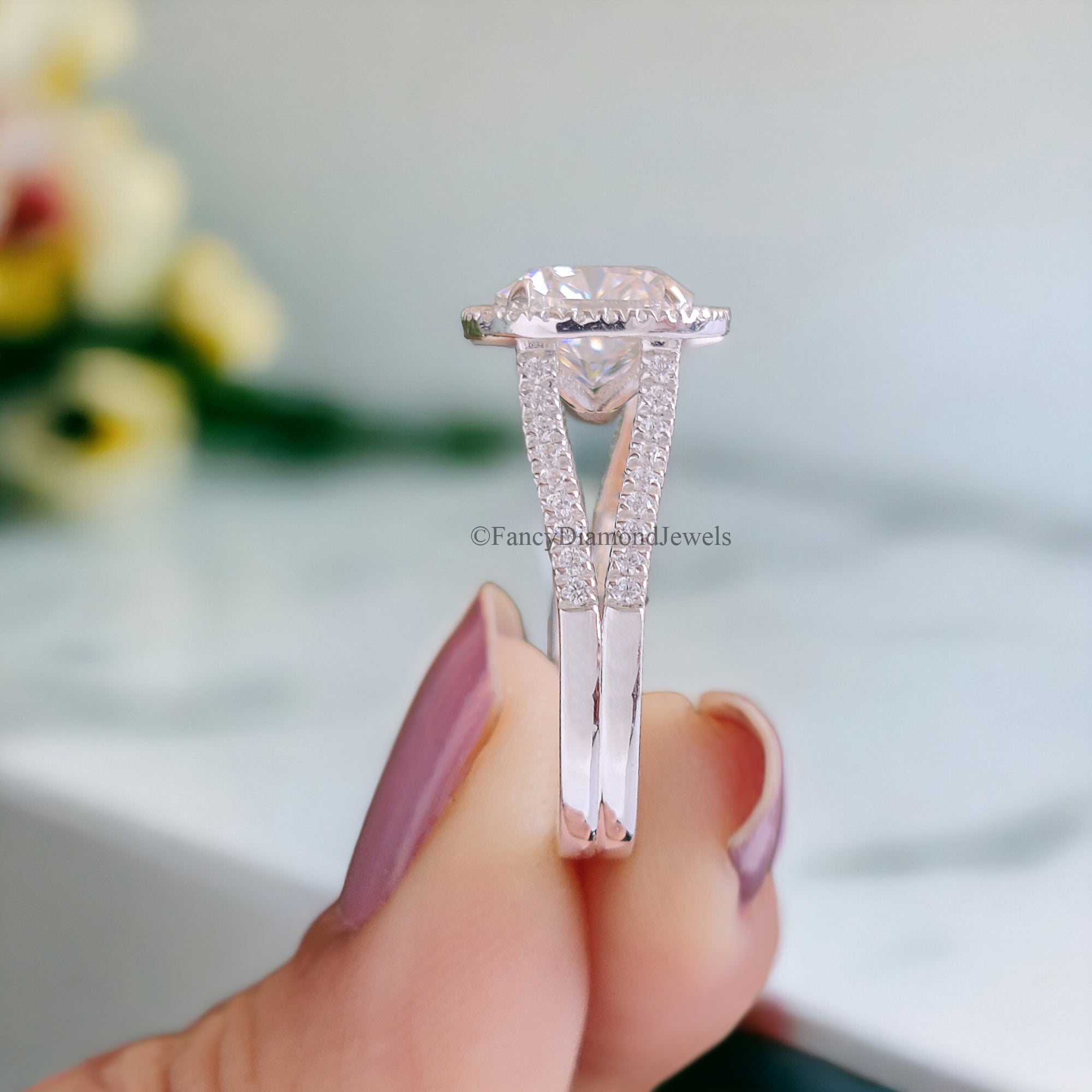 Halo Split Shank Engagement Ring 2.35 TW Cushion Shape Colorless Moissanite Ring Wedding Ring in Solid 10k/14k/18k White Gold Ring FD52