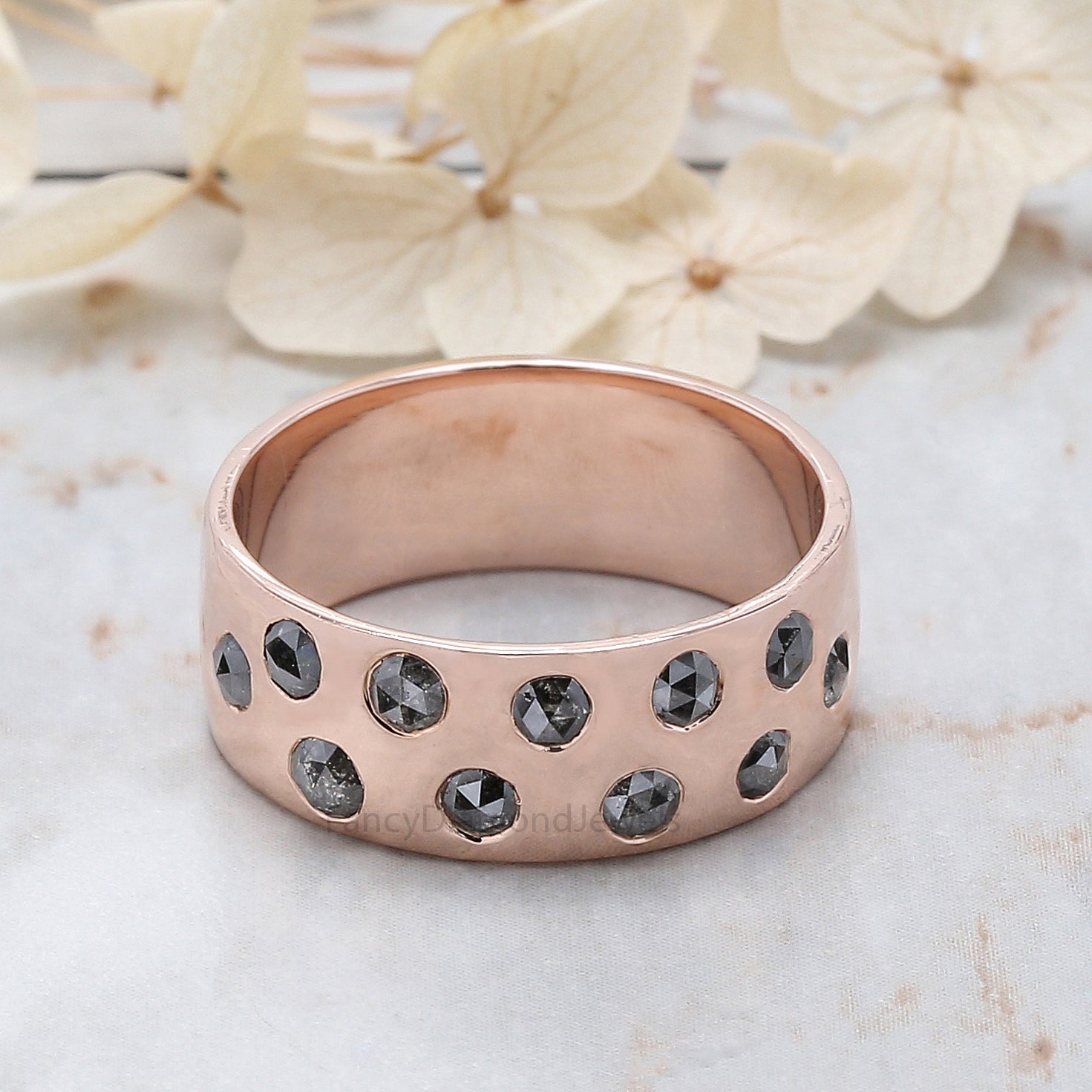 Round Rose Cut Salt And Pepper Diamond Band, Salt And Pepper Rose Cut Diamond Engagement Band, Rose Cut Diamond Band, Round Band KDL1552